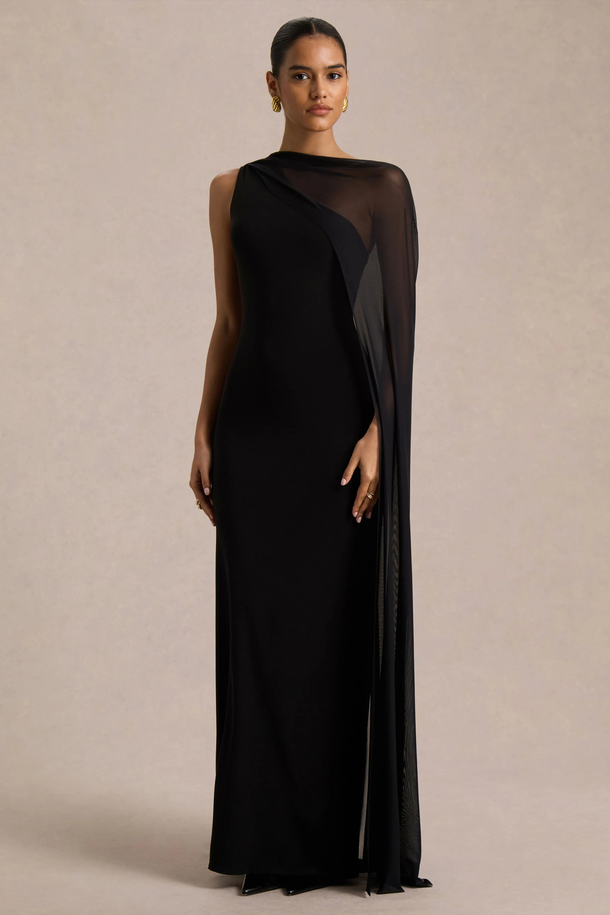 Mirelle | Zwarte Asymmetrische Hals Maxi Jurk Met Transparante Cape‑Mouwen - Image 5