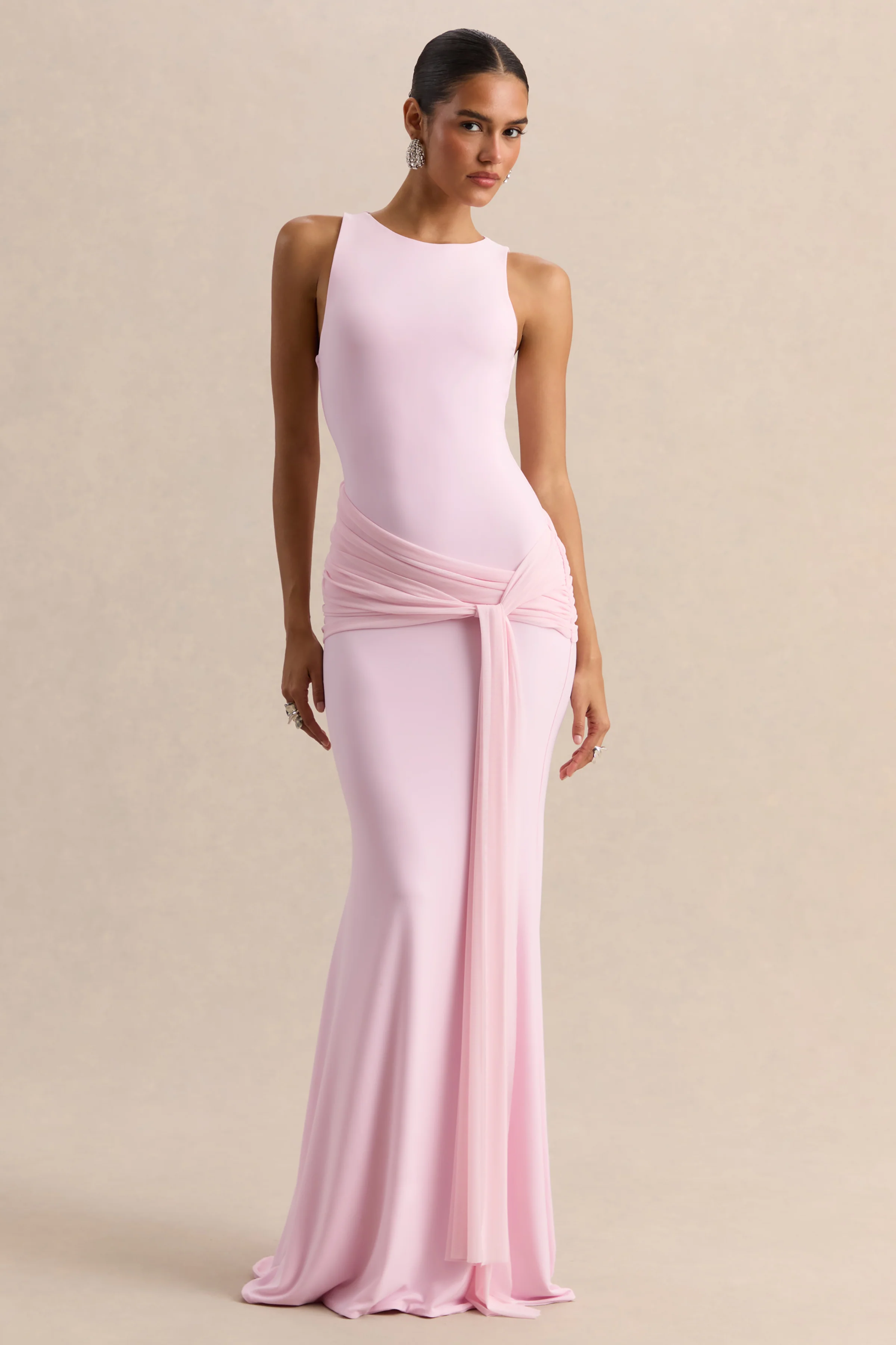 Mirene | Lichtroze Ronde Hals Maxi Jurk Met Gerimpelde Details En Ceintuur