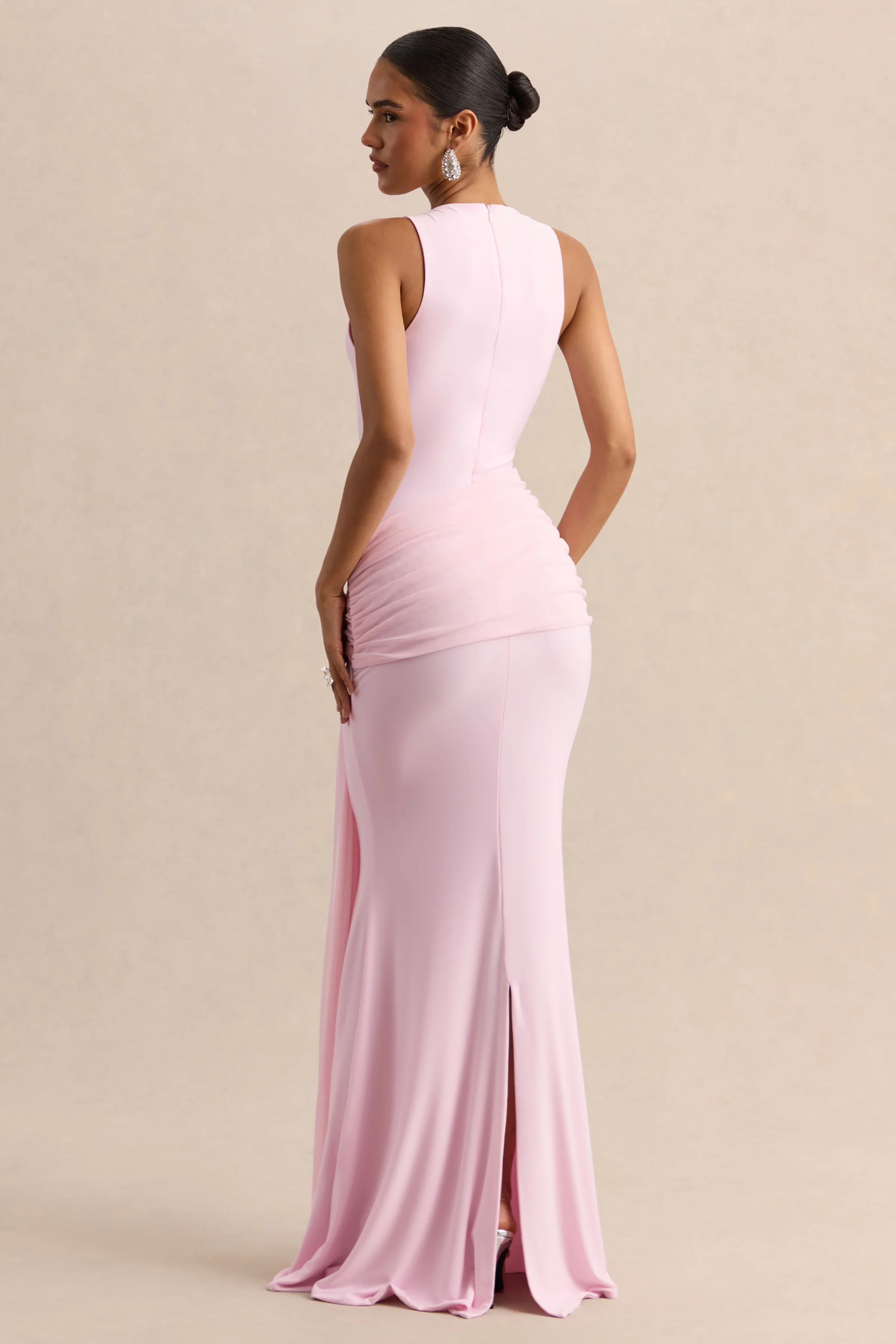 Mirene | Lichtroze Ronde Hals Maxi Jurk Met Gerimpelde Details En Ceintuur - Image 3