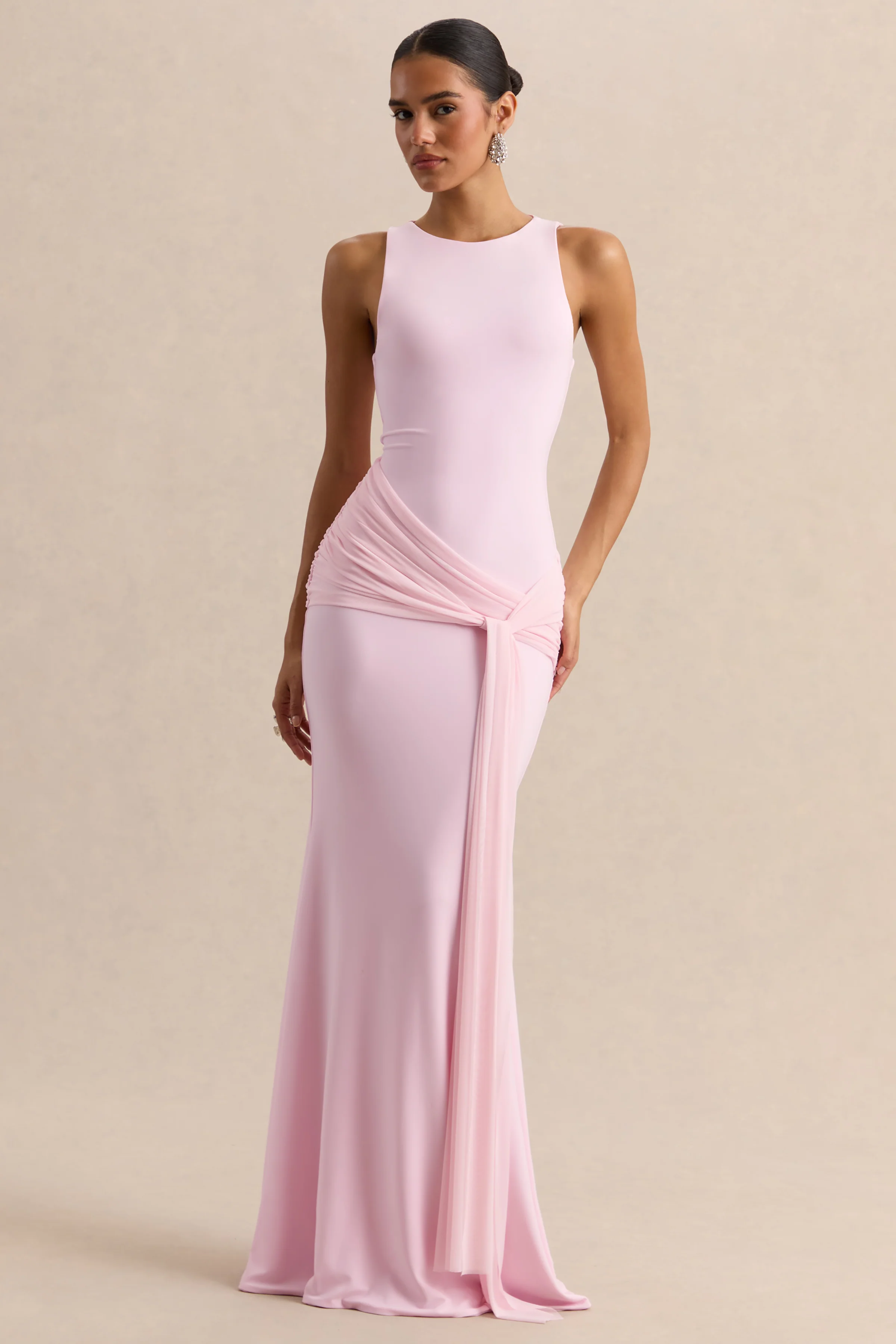 Mirene | Lichtroze Ronde Hals Maxi Jurk Met Gerimpelde Details En Ceintuur - Image 8