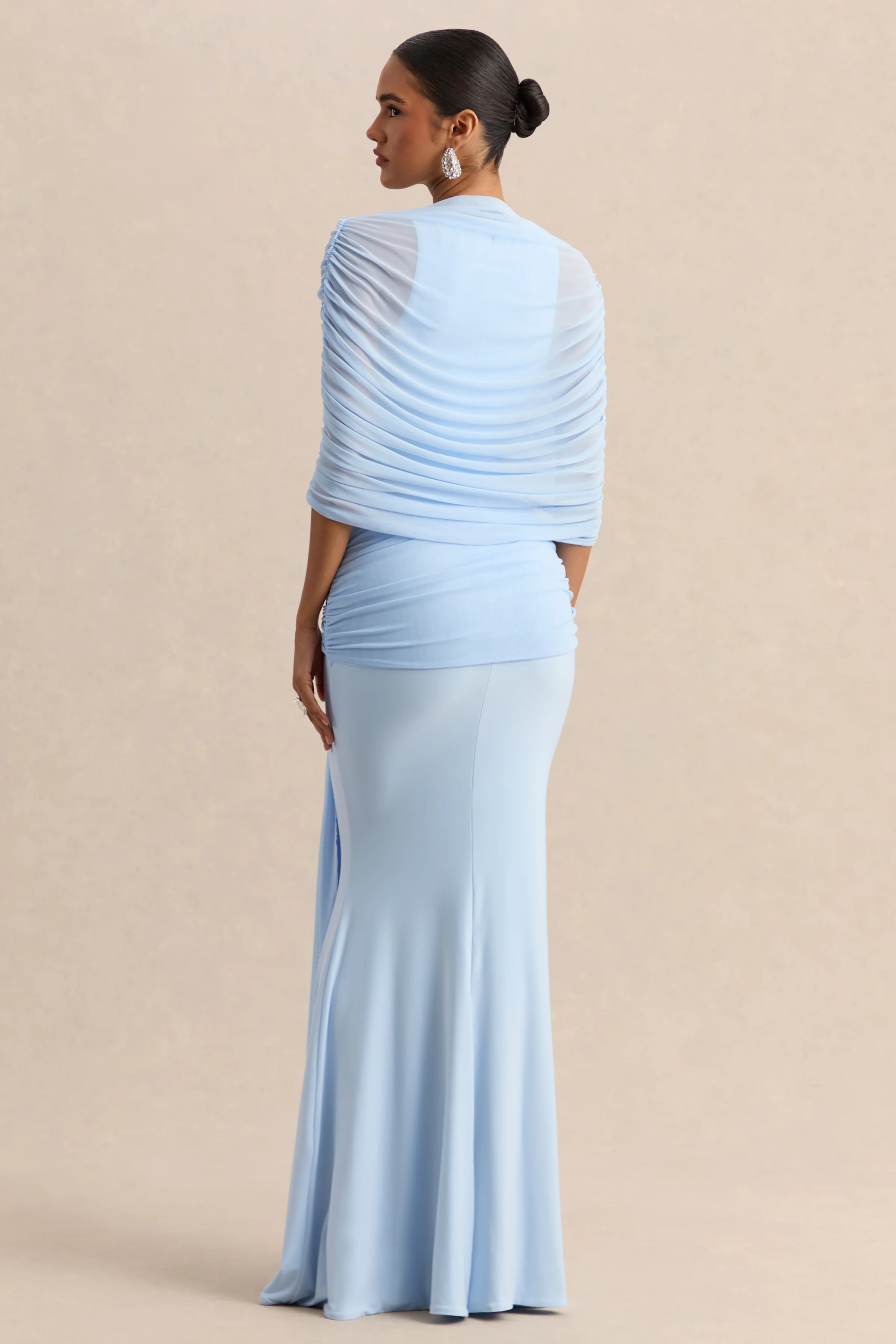 Mirene | Poederblauwe Ronde Hals Maxi Jurk Met Gerimpelde Details En Ceintuur - Image 4