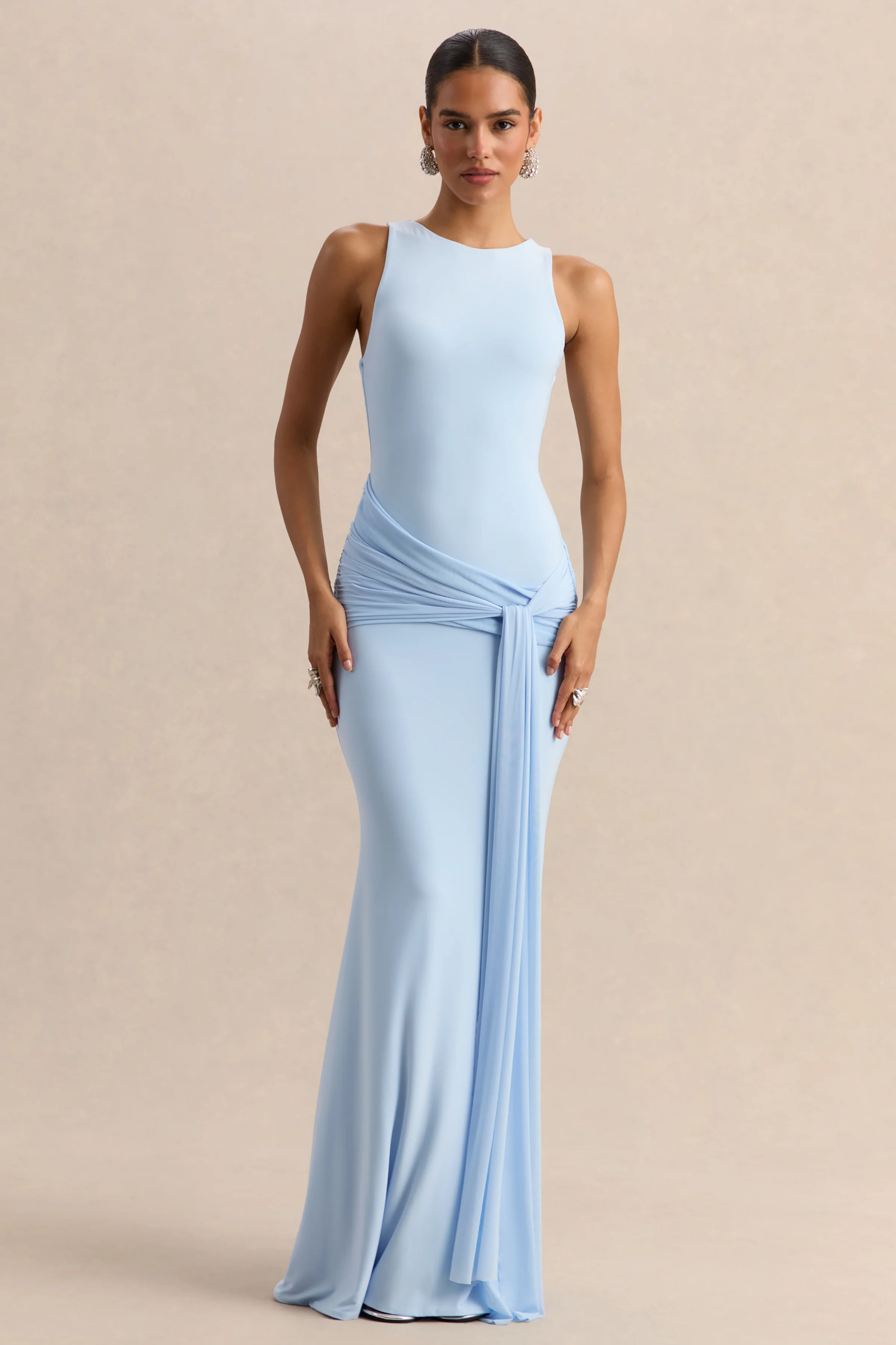 Mirene | Poederblauwe Ronde Hals Maxi Jurk Met Gerimpelde Details En Ceintuur - Image 7