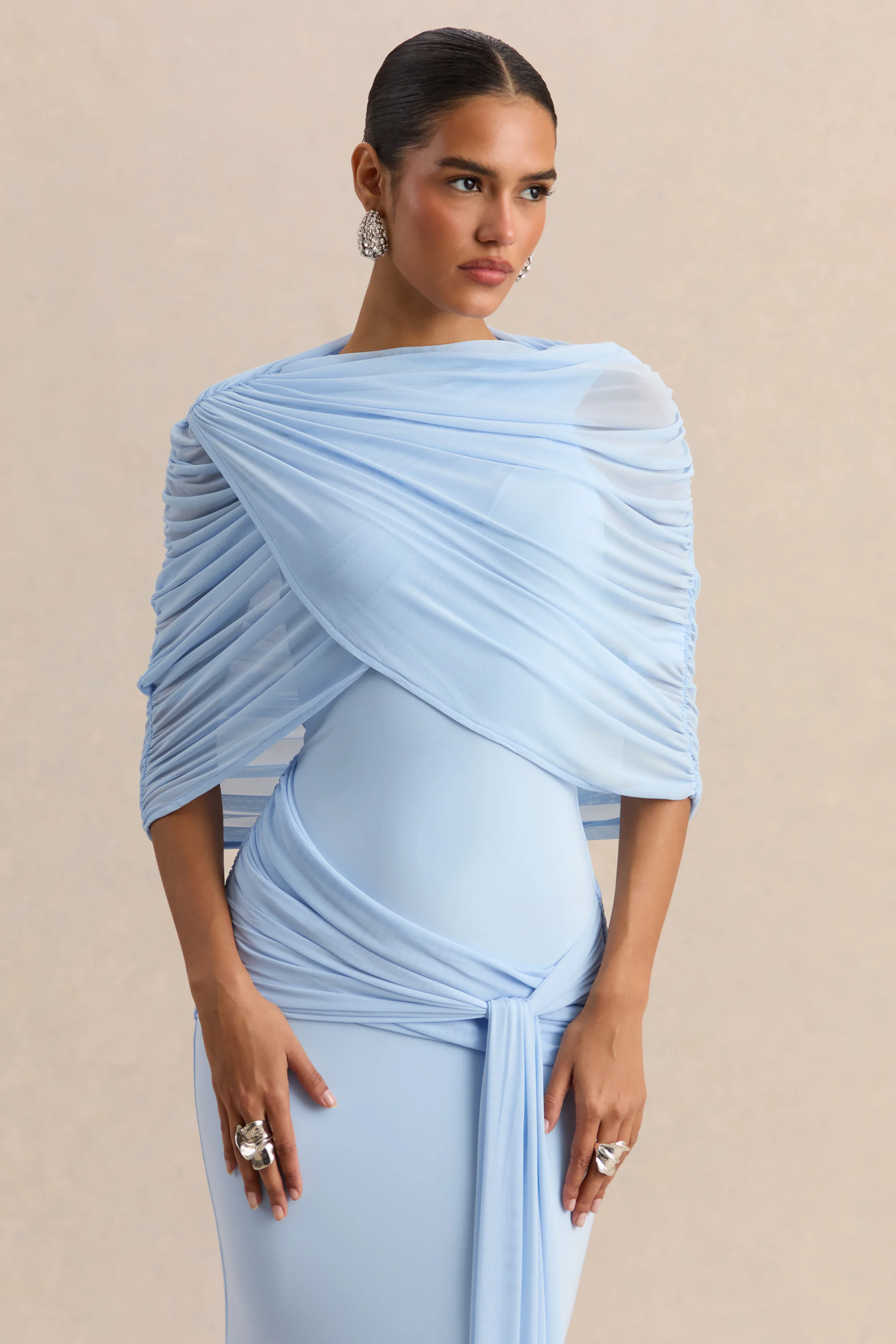 Mirene | Poederblauwe Ronde Hals Maxi Jurk Met Gerimpelde Details En Ceintuur - Image 9