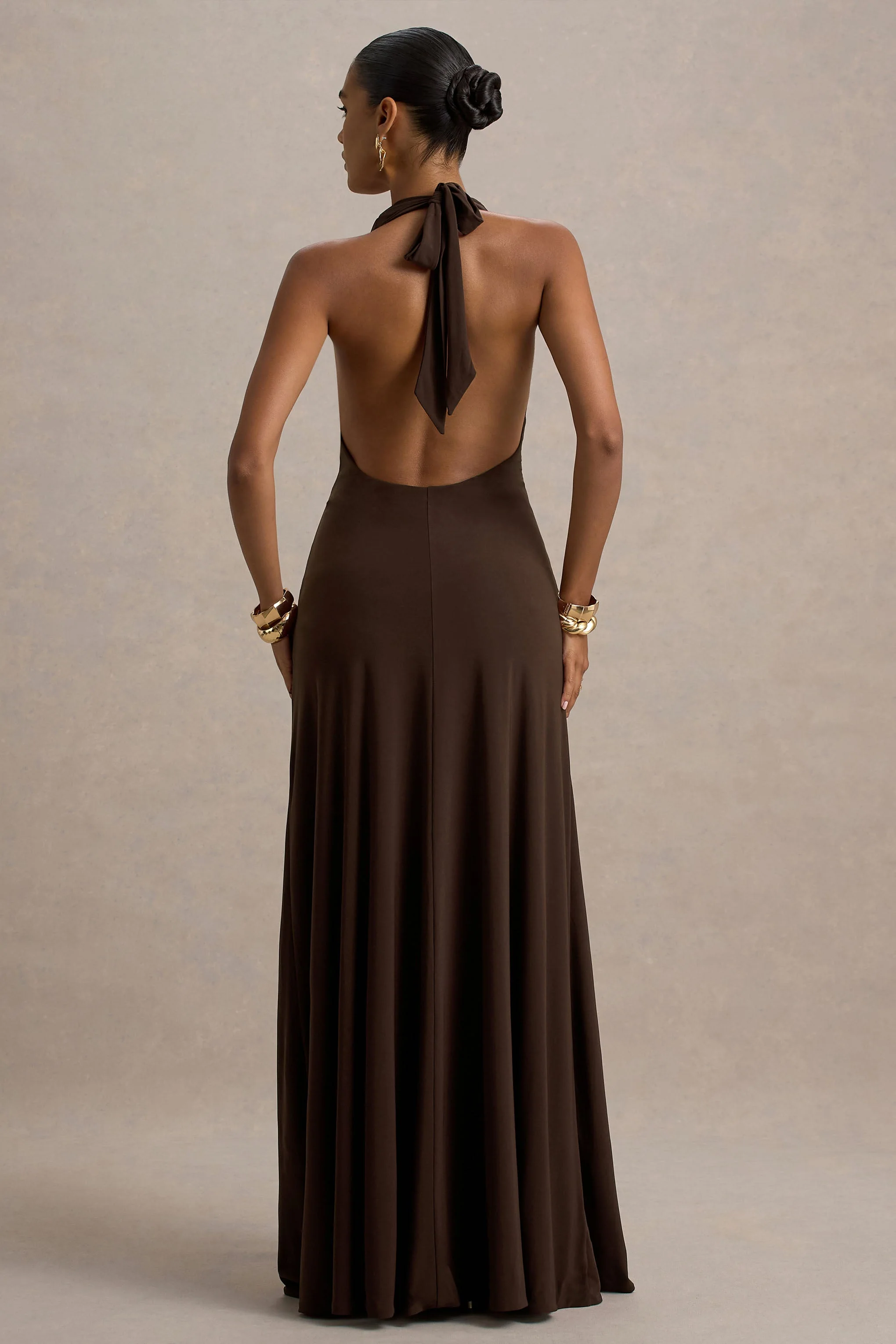 Mist | Bruine Maxi Jurk Met Diepe V-Hals En Split - Image 2