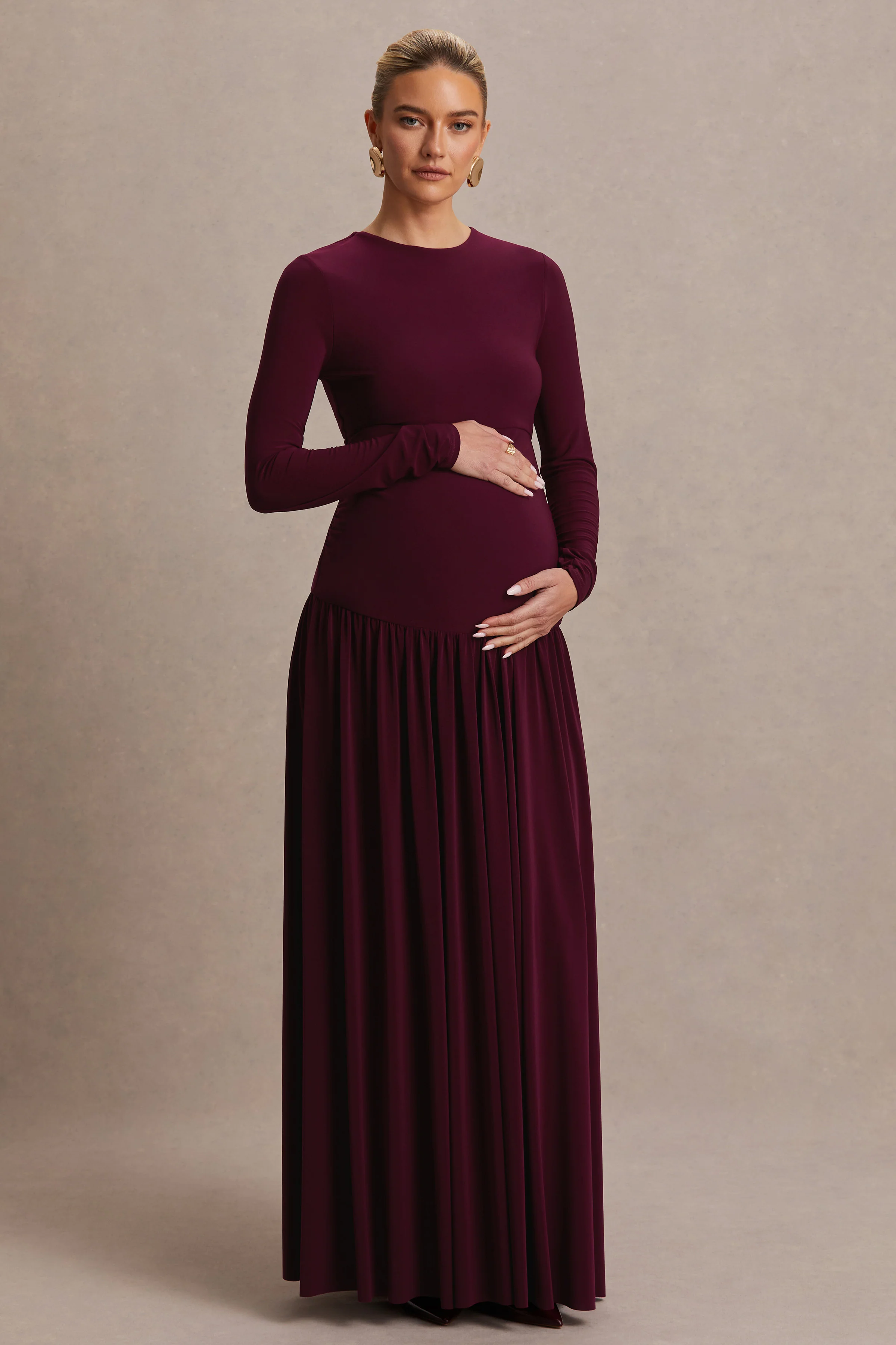 Monroe | Bordeaux Ronde Hals Zwangerschaps Maxi Jurk Met Verlaagde Taille