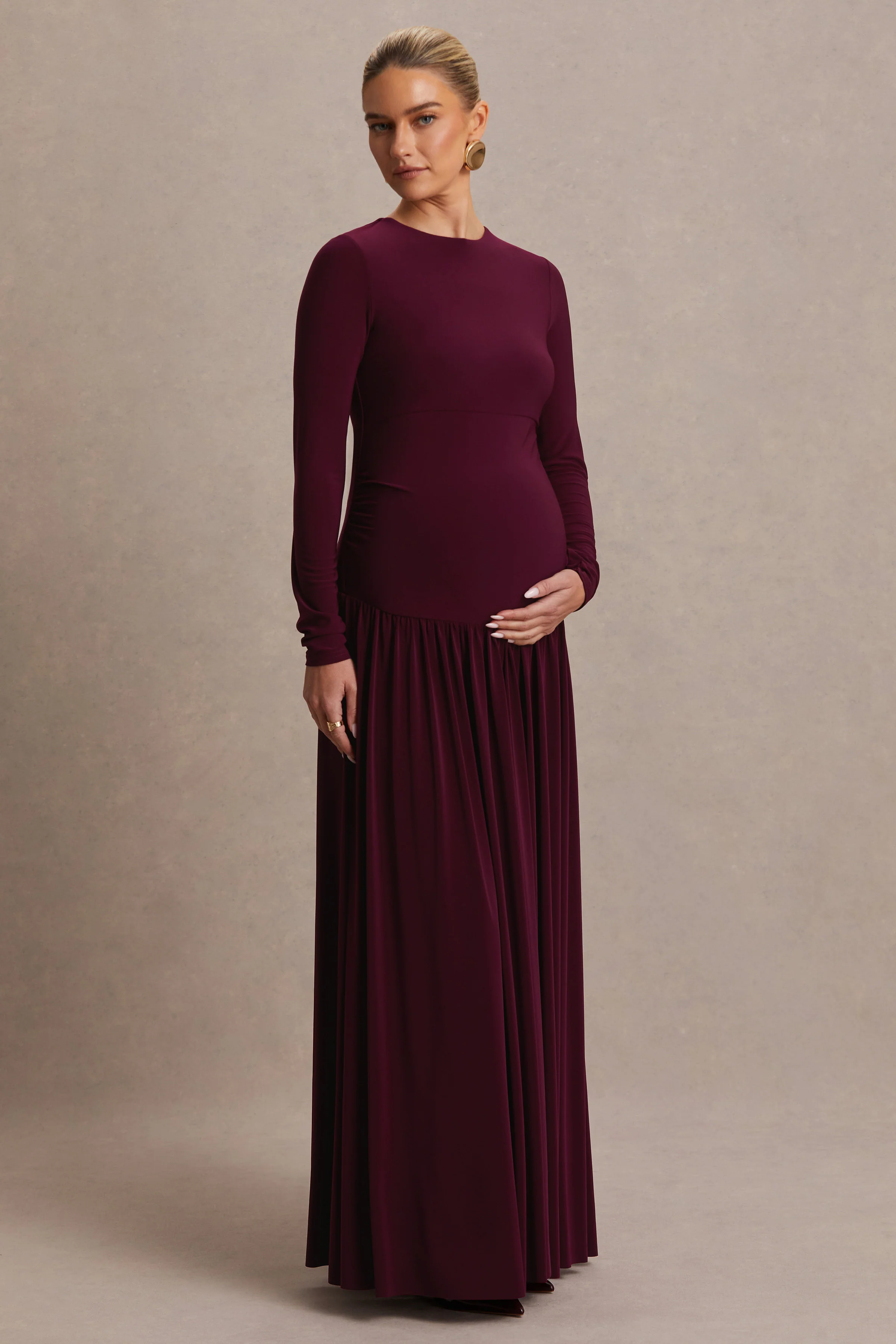 Monroe | Bordeaux Ronde Hals Zwangerschaps Maxi Jurk Met Verlaagde Taille - Image 5