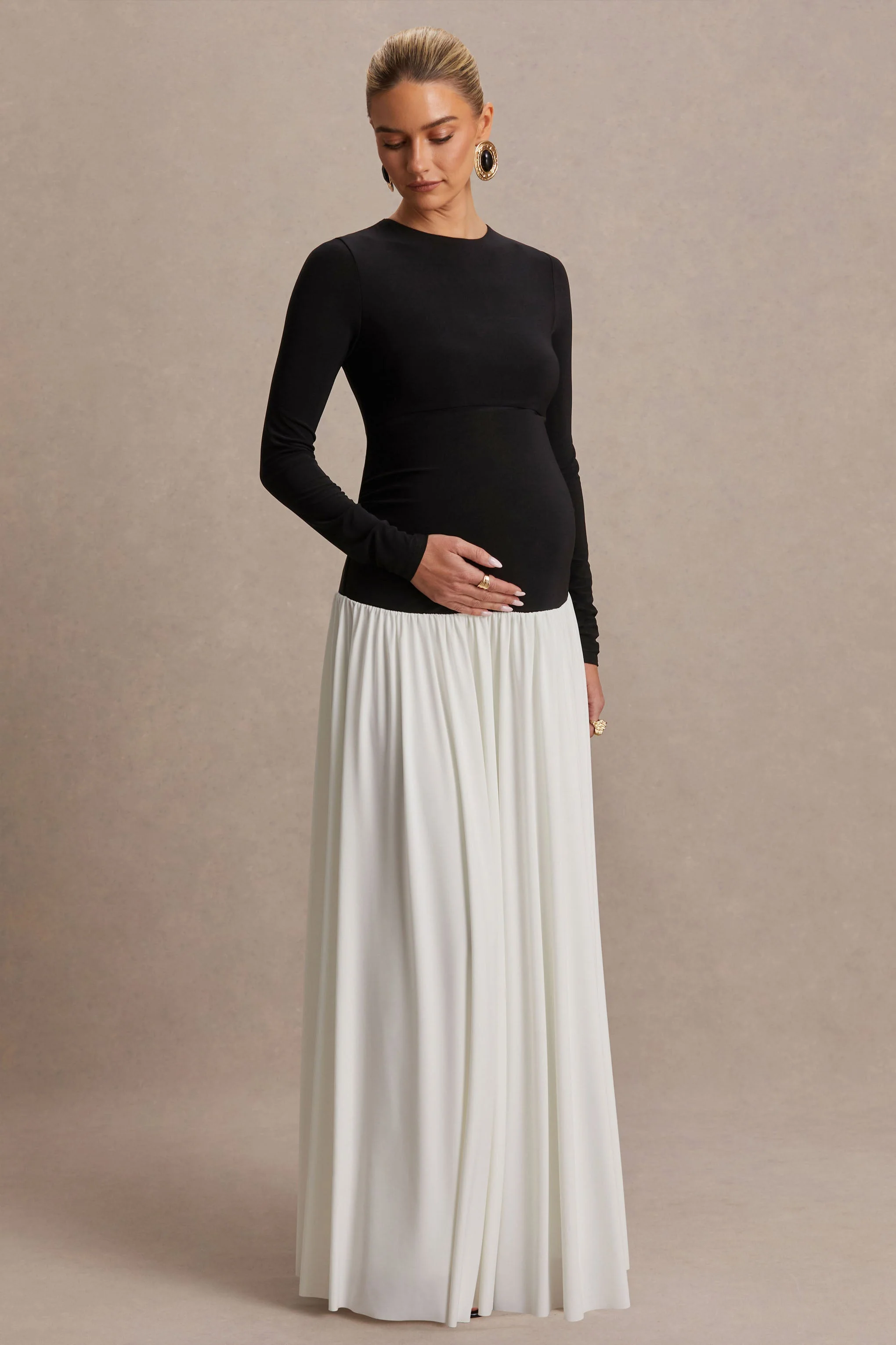 Monroe | Zwart-Witte Ronde Hals Zwangerschaps Maxi Jurk Met Verlaagde Taille