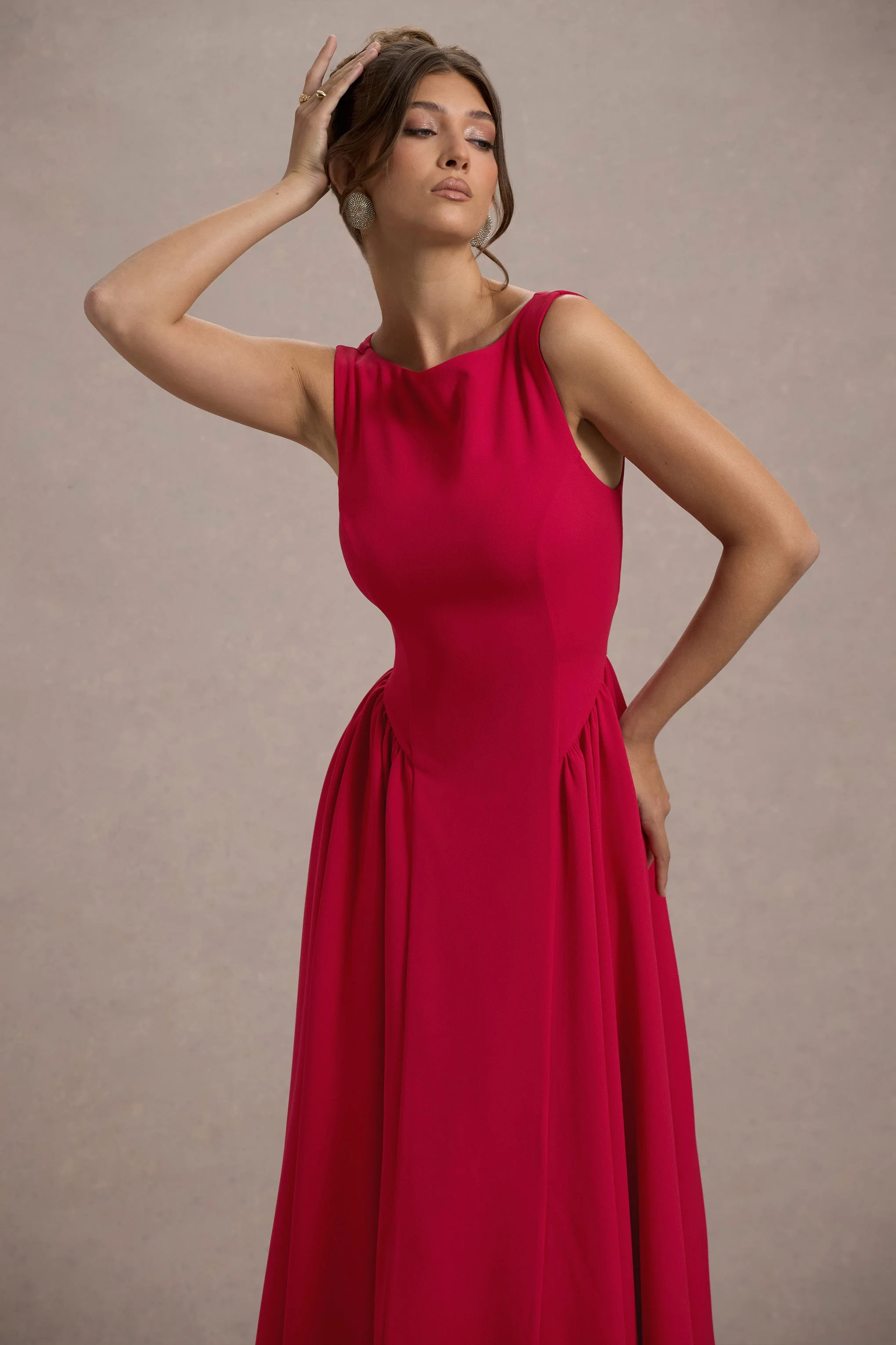 Muriel | Rode Boot Hals Midi Jurk Met Volumineuze Zoom - Image 3