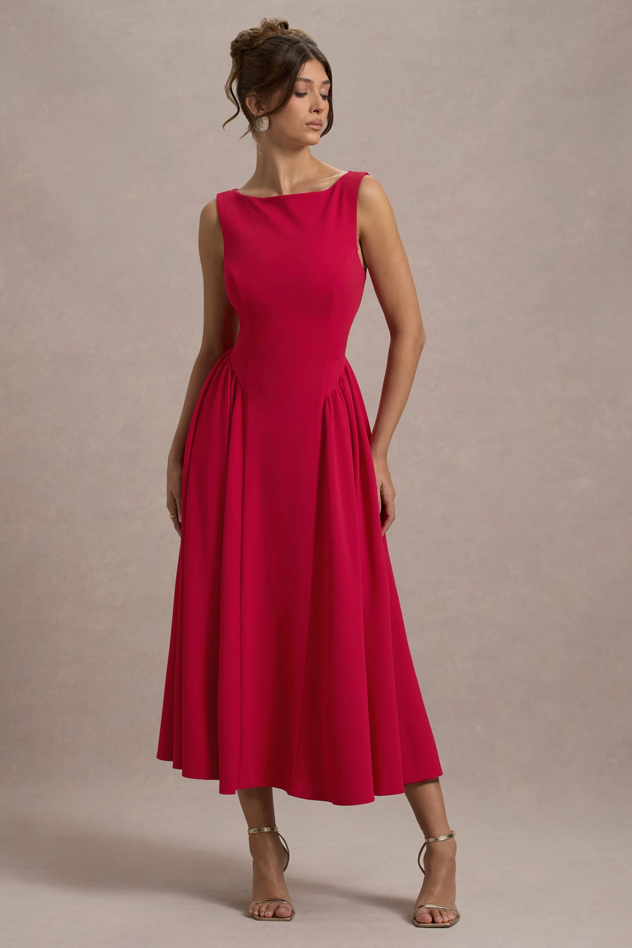 Muriel | Rode Boot Hals Midi Jurk Met Volumineuze Zoom - Image 4