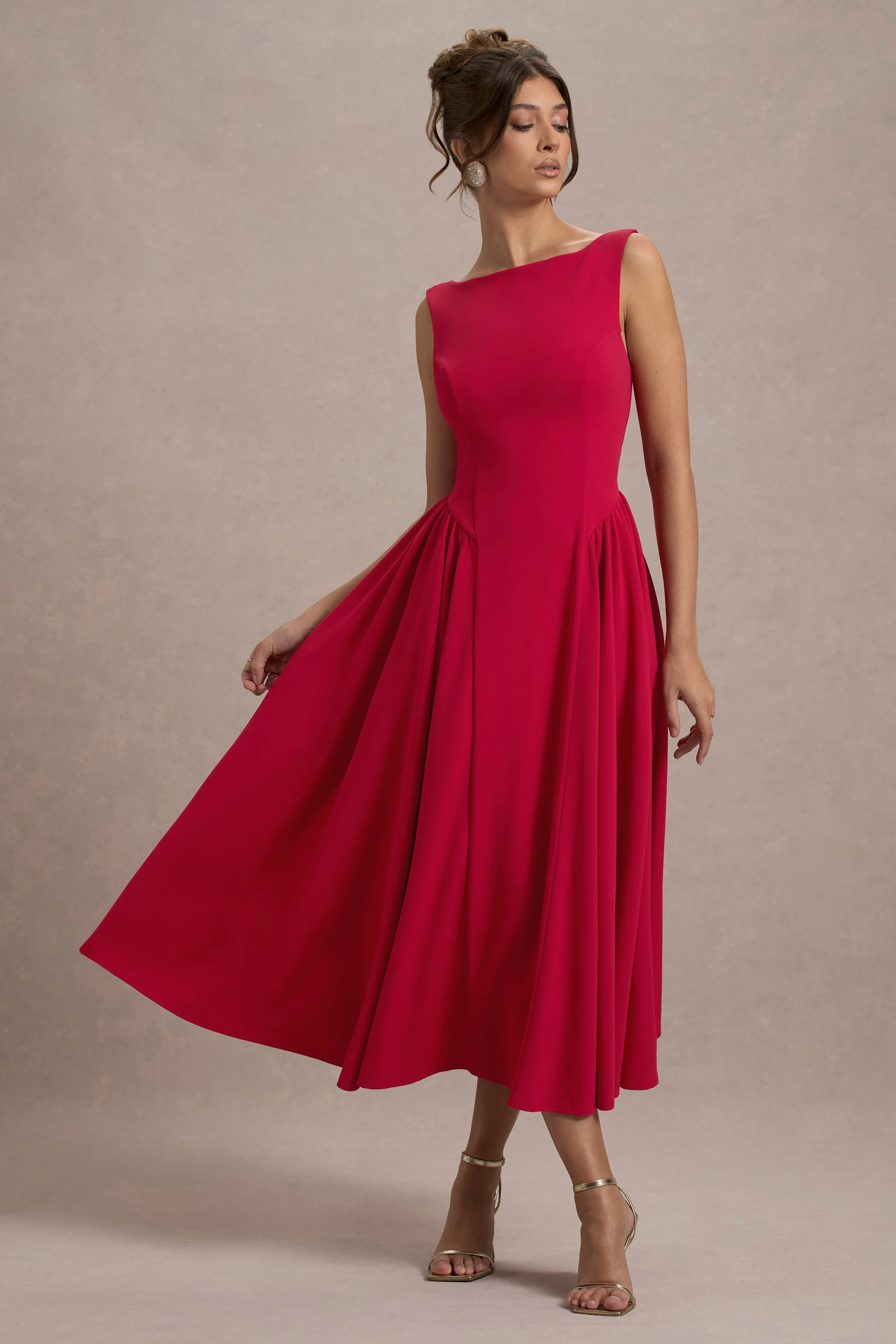 Muriel | Rode Boot Hals Midi Jurk Met Volumineuze Zoom - Image 5