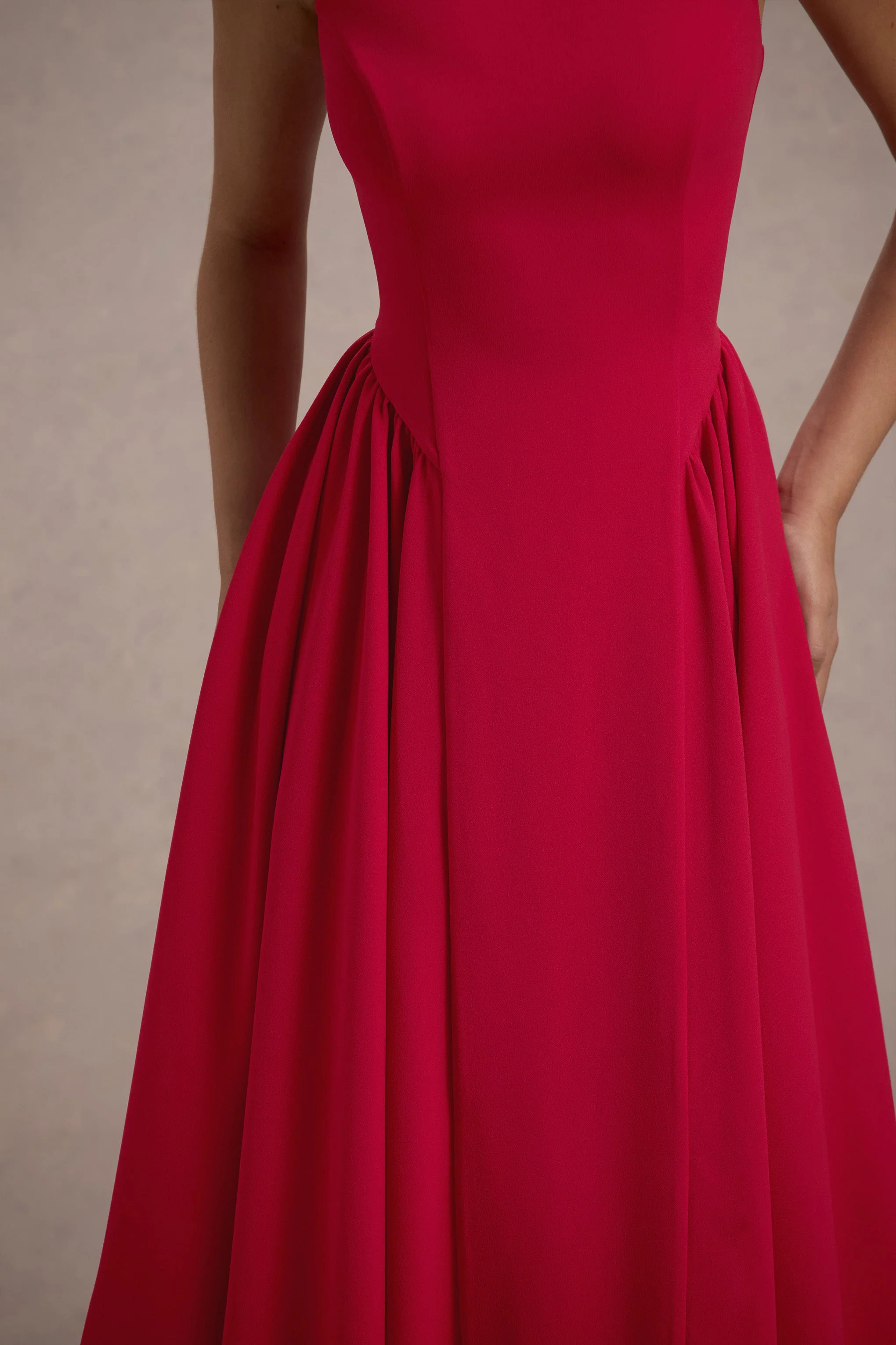 Muriel | Rode Boot Hals Midi Jurk Met Volumineuze Zoom - Image 6