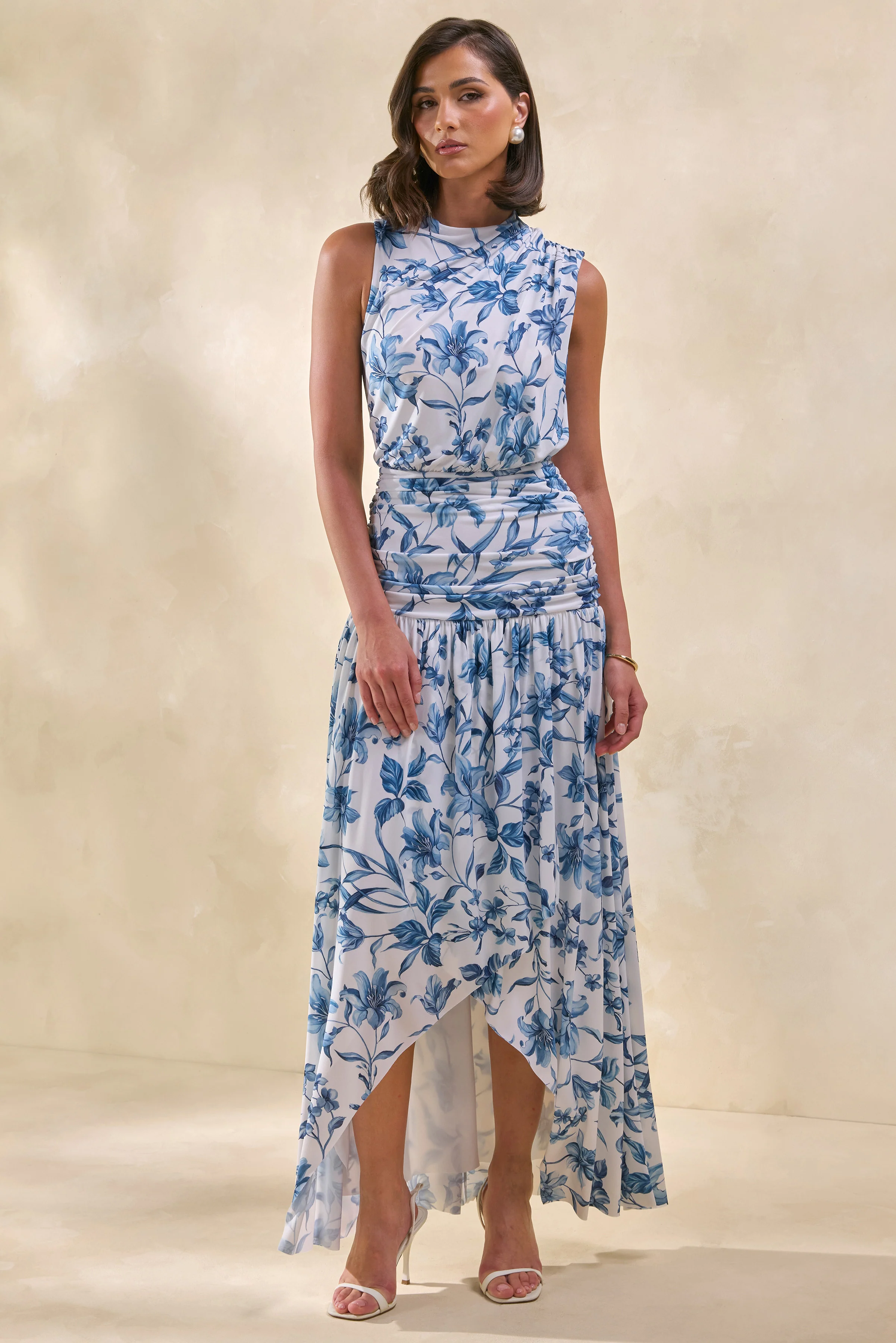 Myssara | Blauwe Porseleinprint Hoge Hals Maxi Jurk Met Gerimpelde Details