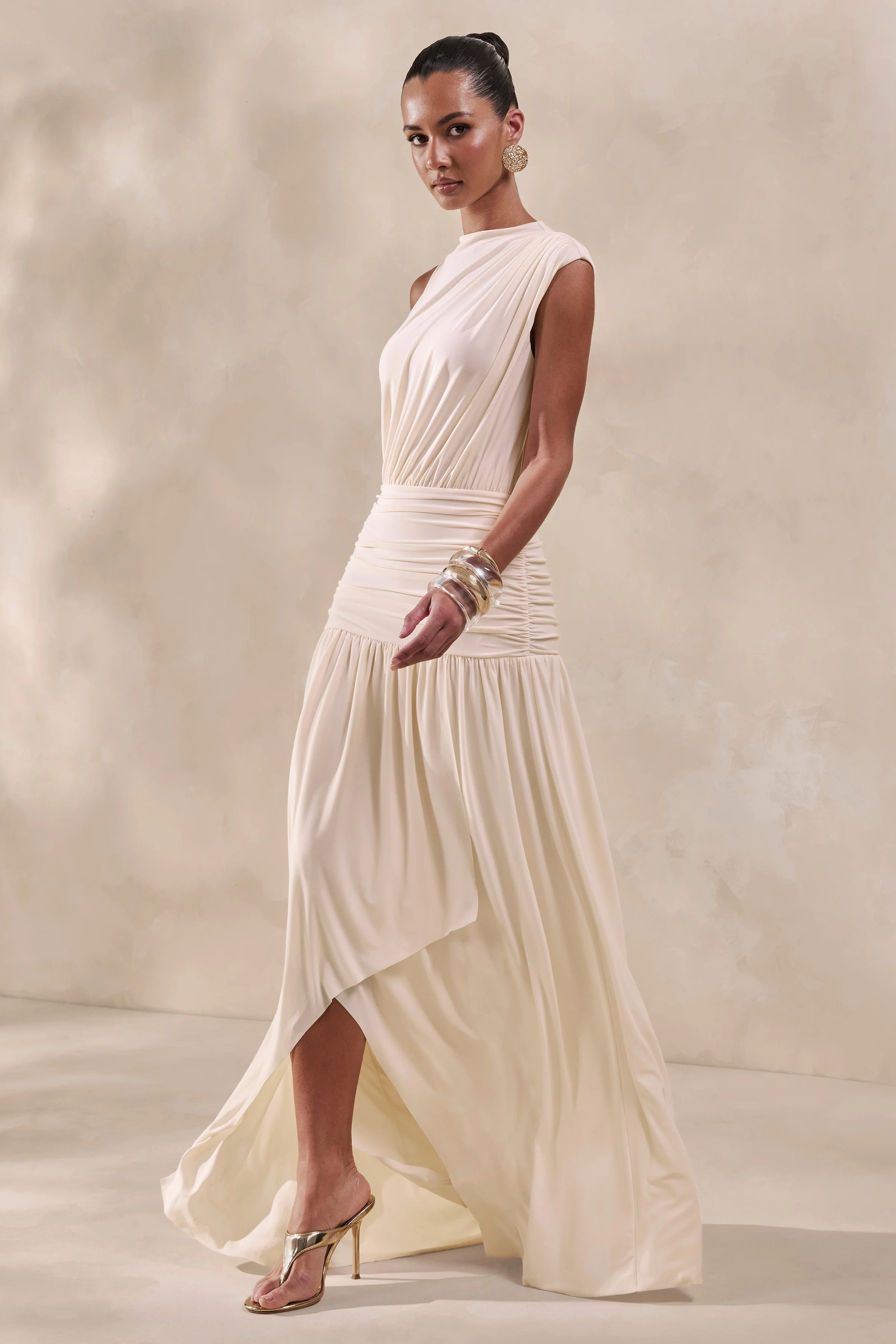 Myssara | Crème Maxi Jurk Met Hoge Hals En Gerimpelde Details - Image 5