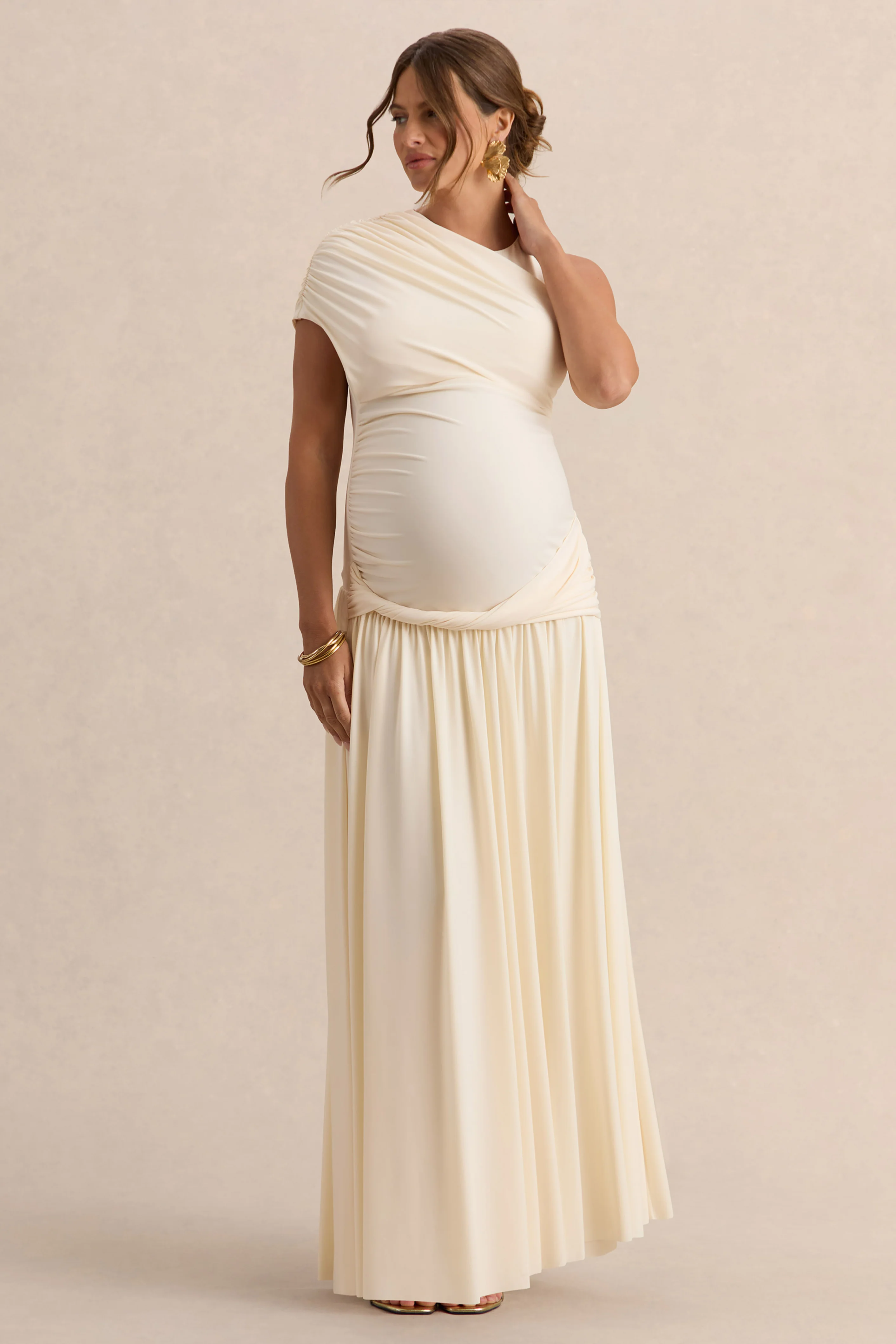 Naida | Crème Ronde Hals Zwangerschap Maxi Jurk Met Draperend Detail