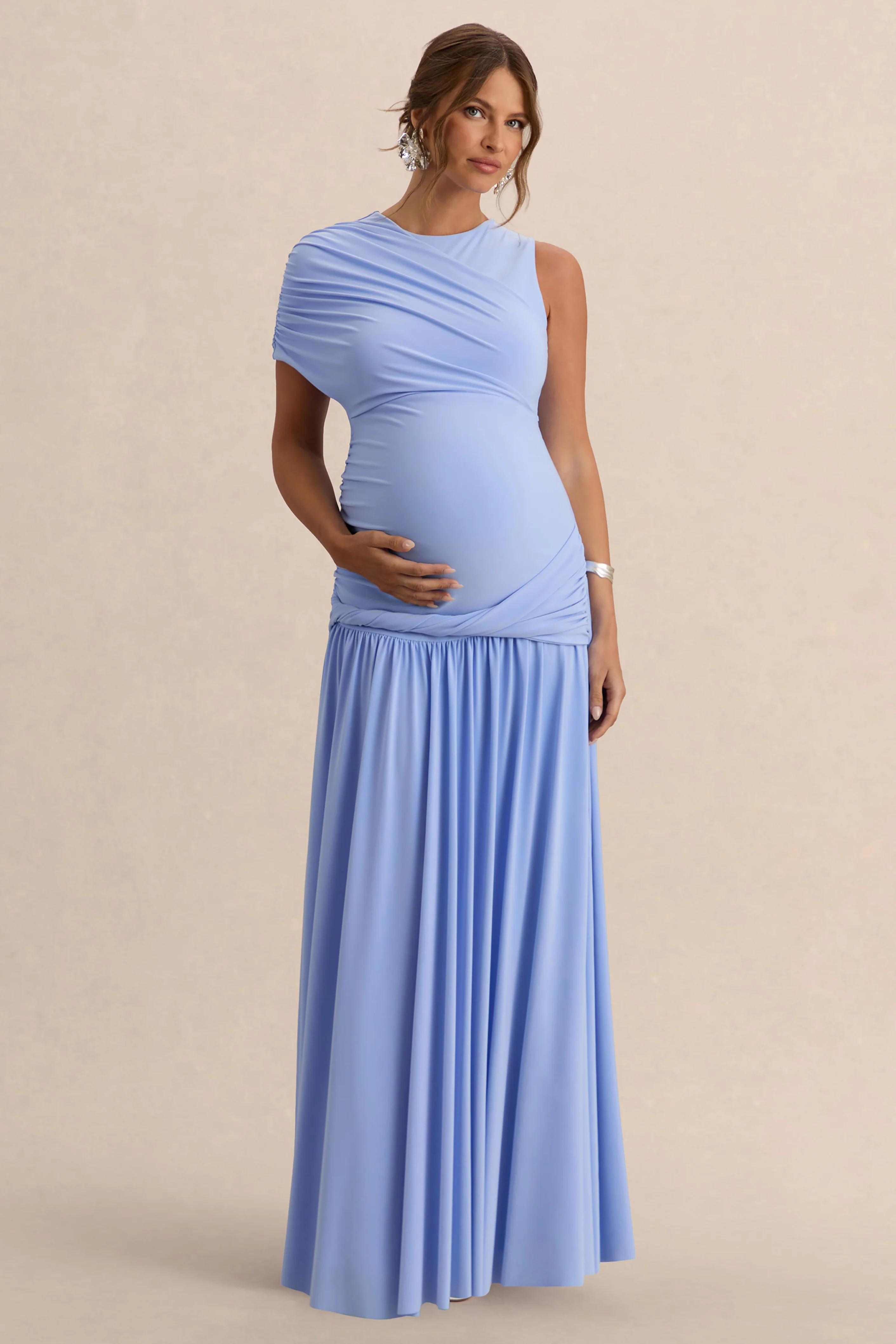 Naida | Lichtblauwe Ronde Hals Zwangerschap Maxi Jurk Met Draperende Detail