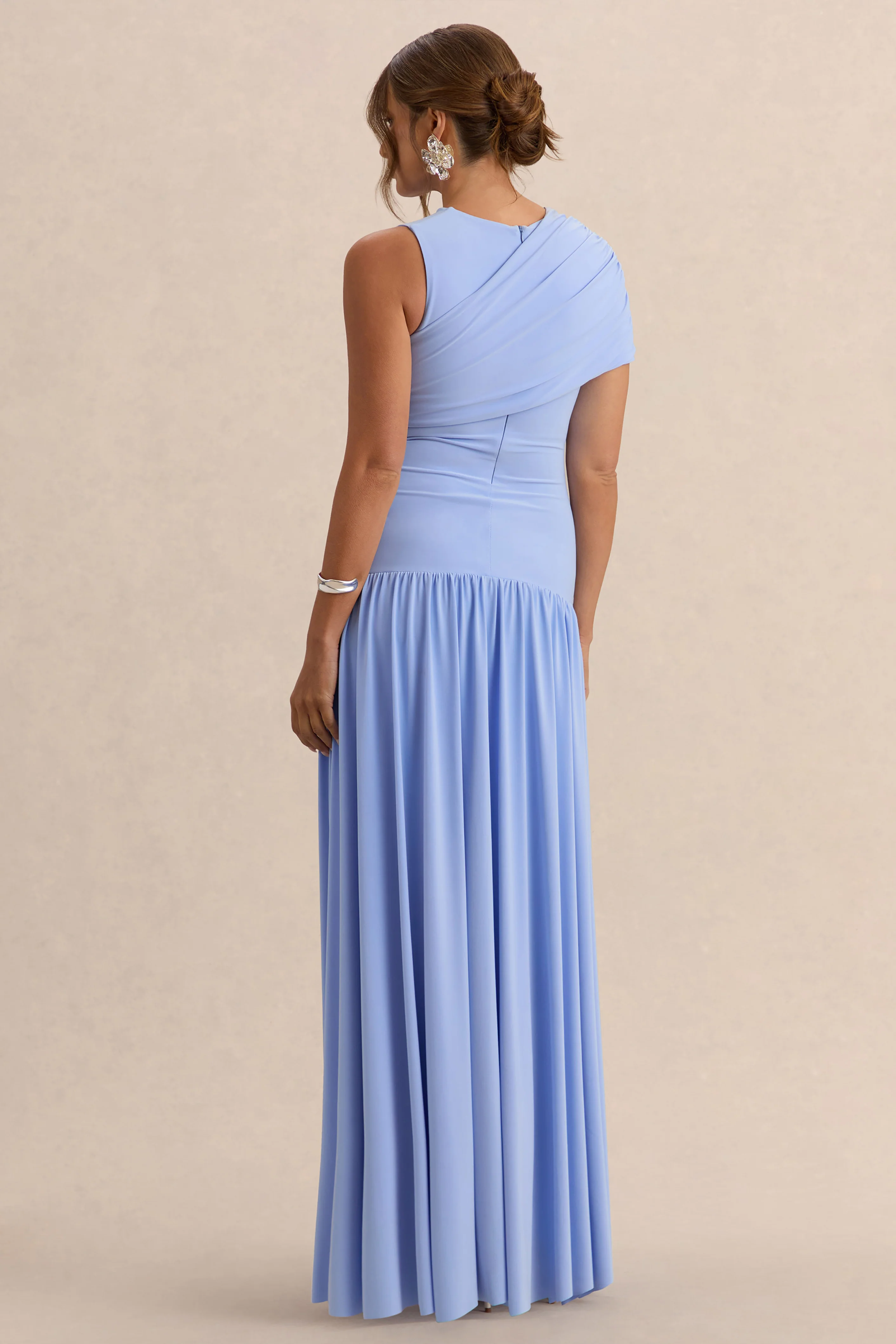 Naida | Lichtblauwe Ronde Hals Zwangerschap Maxi Jurk Met Draperende Detail - Image 2