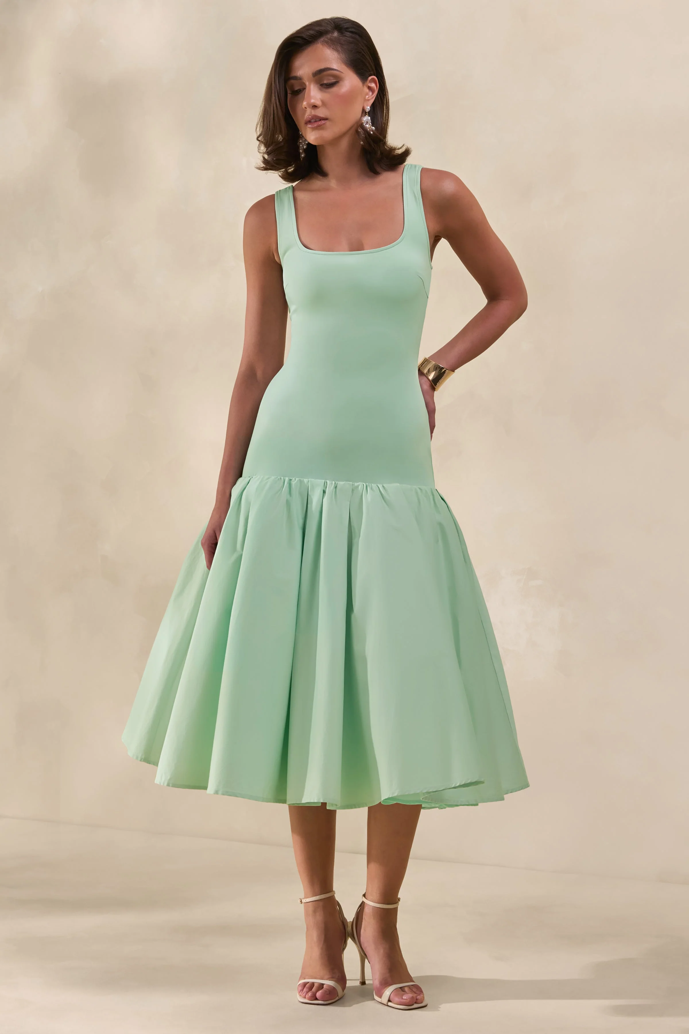 Nanette | Mint Midi Jurk Met Vierkante Hals En Volumineuze Rok - Image 5