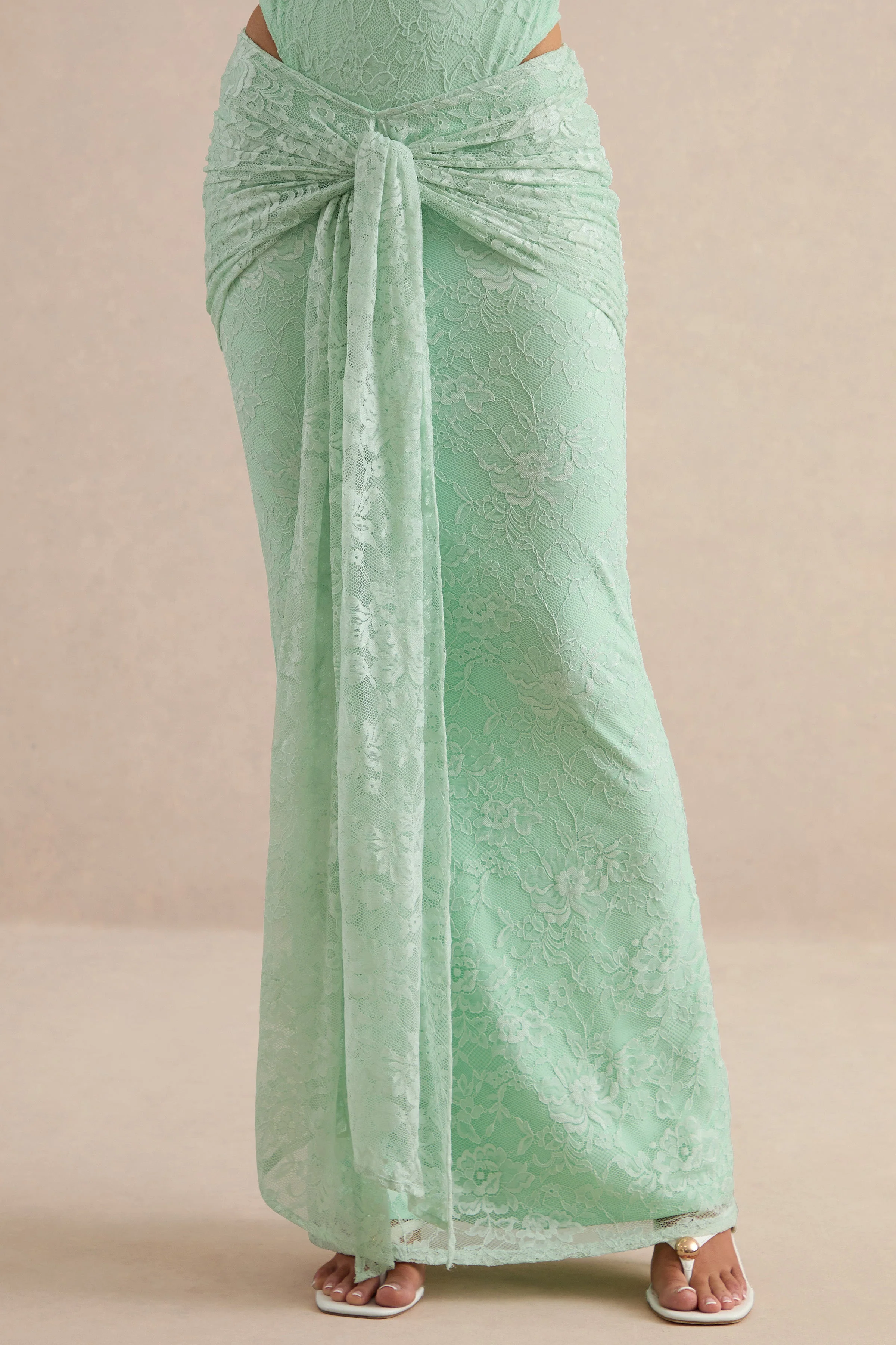 Neriva | Mint Kanten Maxi Rok Met Gerimpelde Details En Ceintuur