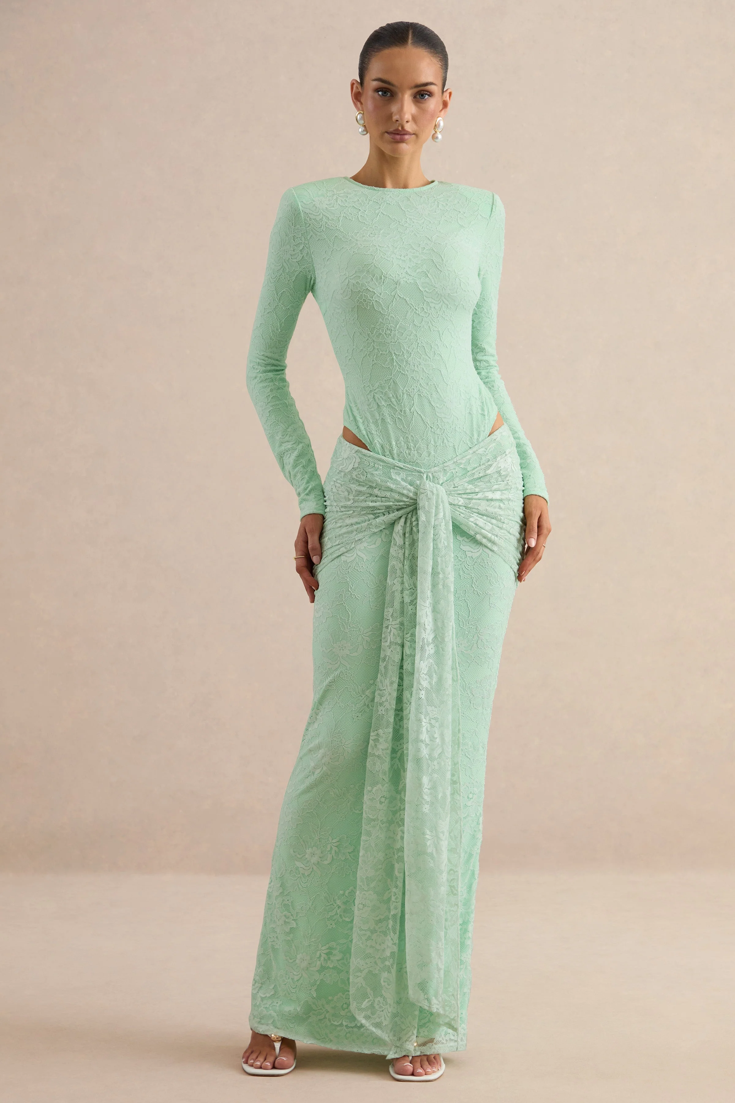 Neriva | Mint Kanten Maxi Rok Met Gerimpelde Details En Ceintuur - Image 2