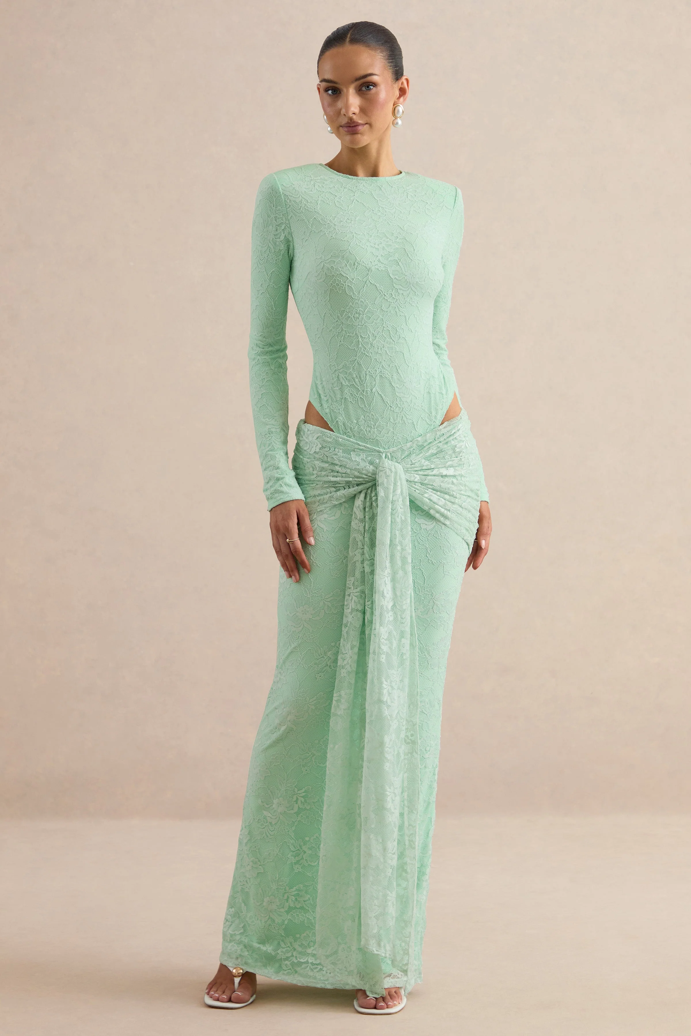 Neriva | Mint Kanten Maxi Rok Met Gerimpelde Details En Ceintuur - Image 7