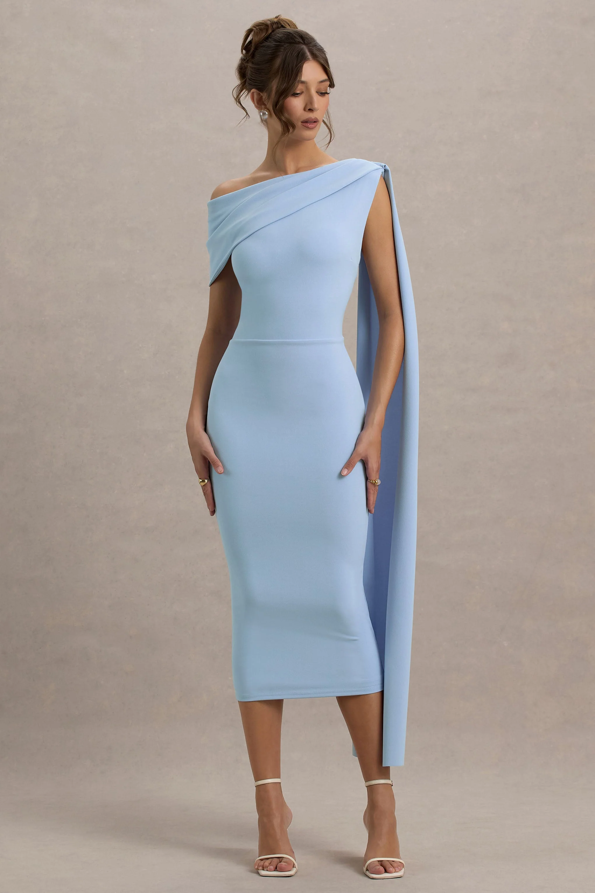 Niamh | Poederblauwe Asymmetrische Midi Jurk Met Drapering - Image 5