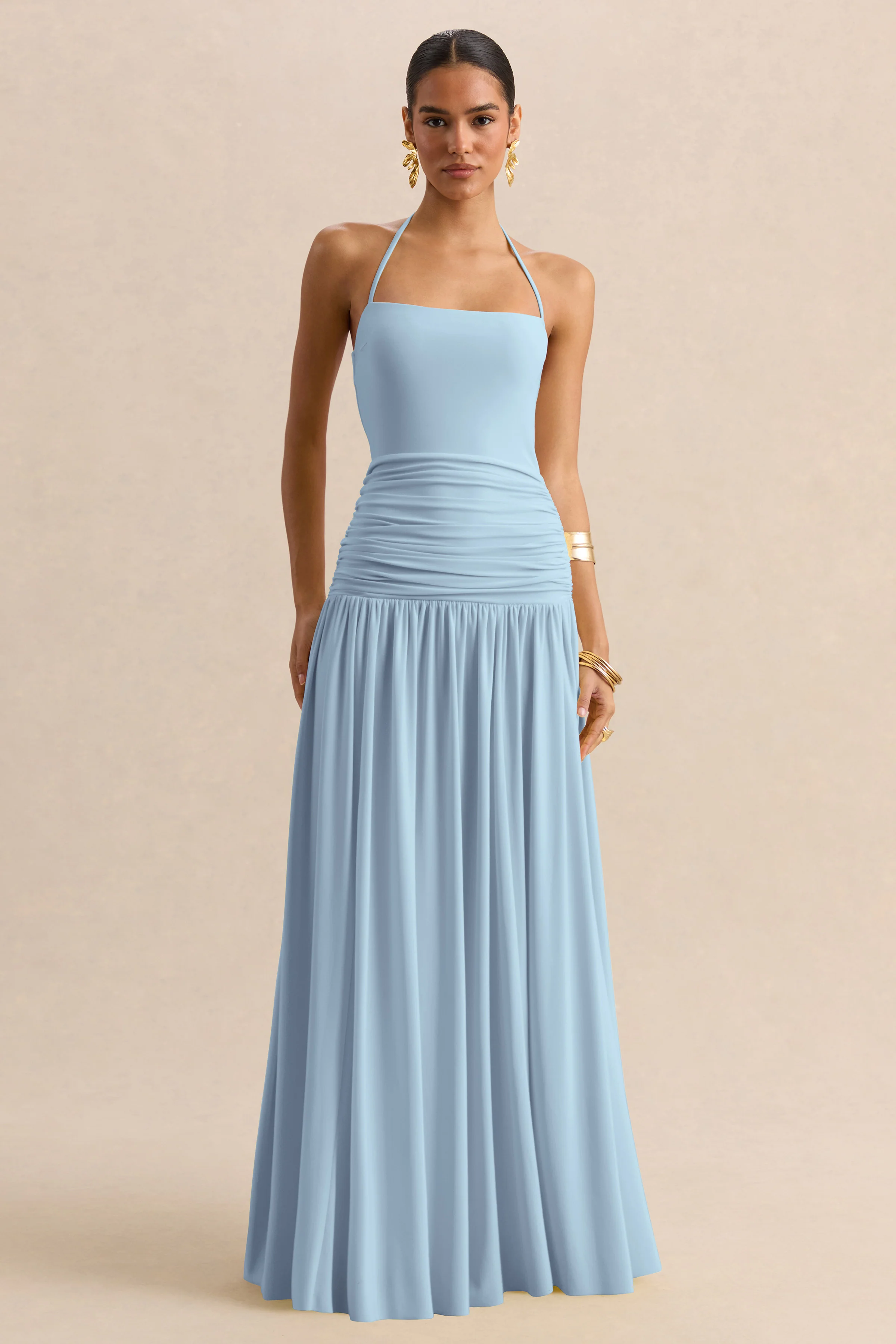 Nicolette | Lichtblauwe Vierkante Hals Maxi Jurk Met Gerimpeld Detail