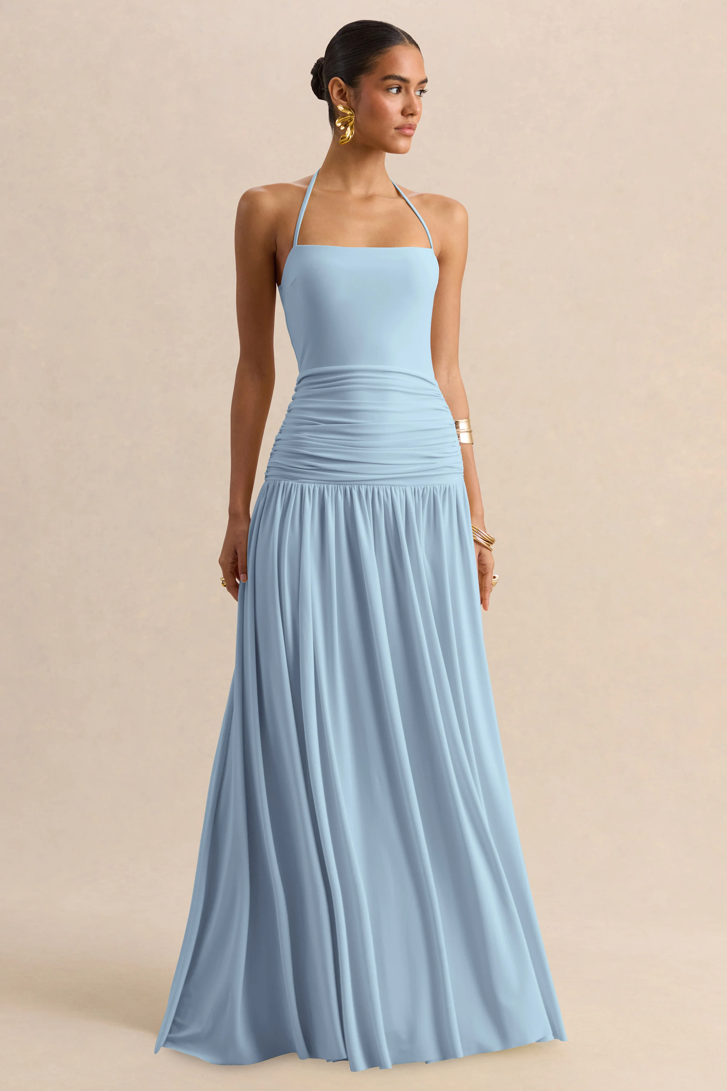 Nicolette | Lichtblauwe Vierkante Hals Maxi Jurk Met Gerimpeld Detail - Image 4