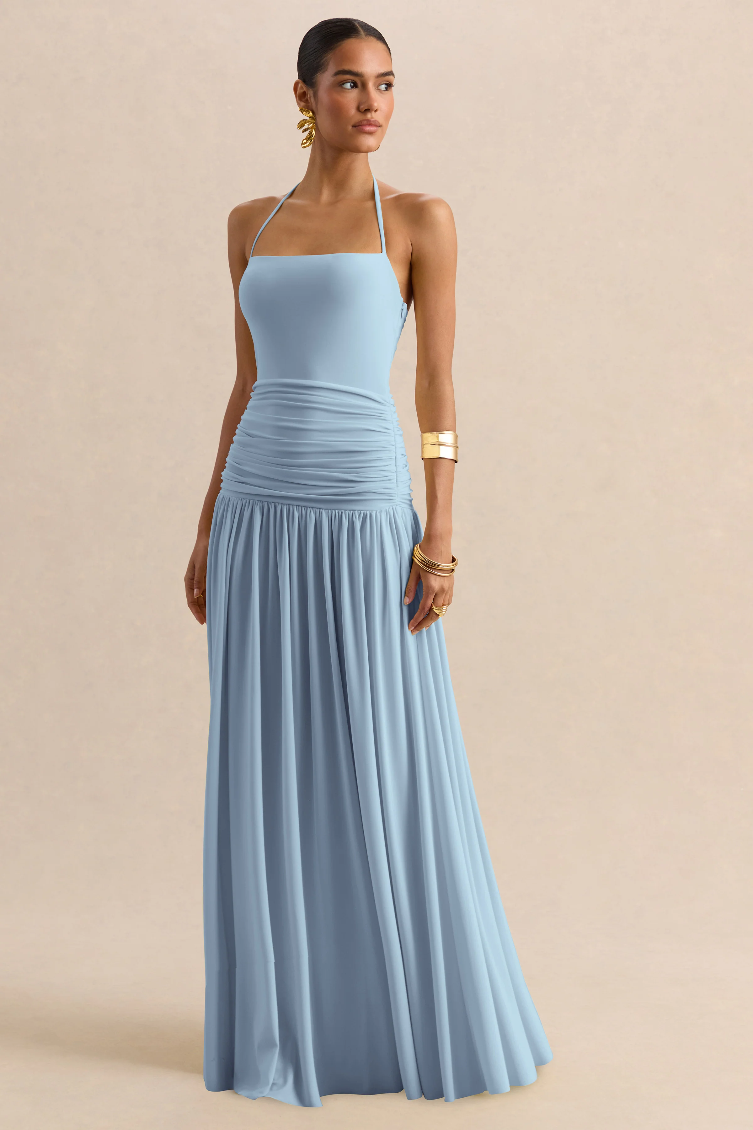 Nicolette | Lichtblauwe Vierkante Hals Maxi Jurk Met Gerimpeld Detail - Image 6
