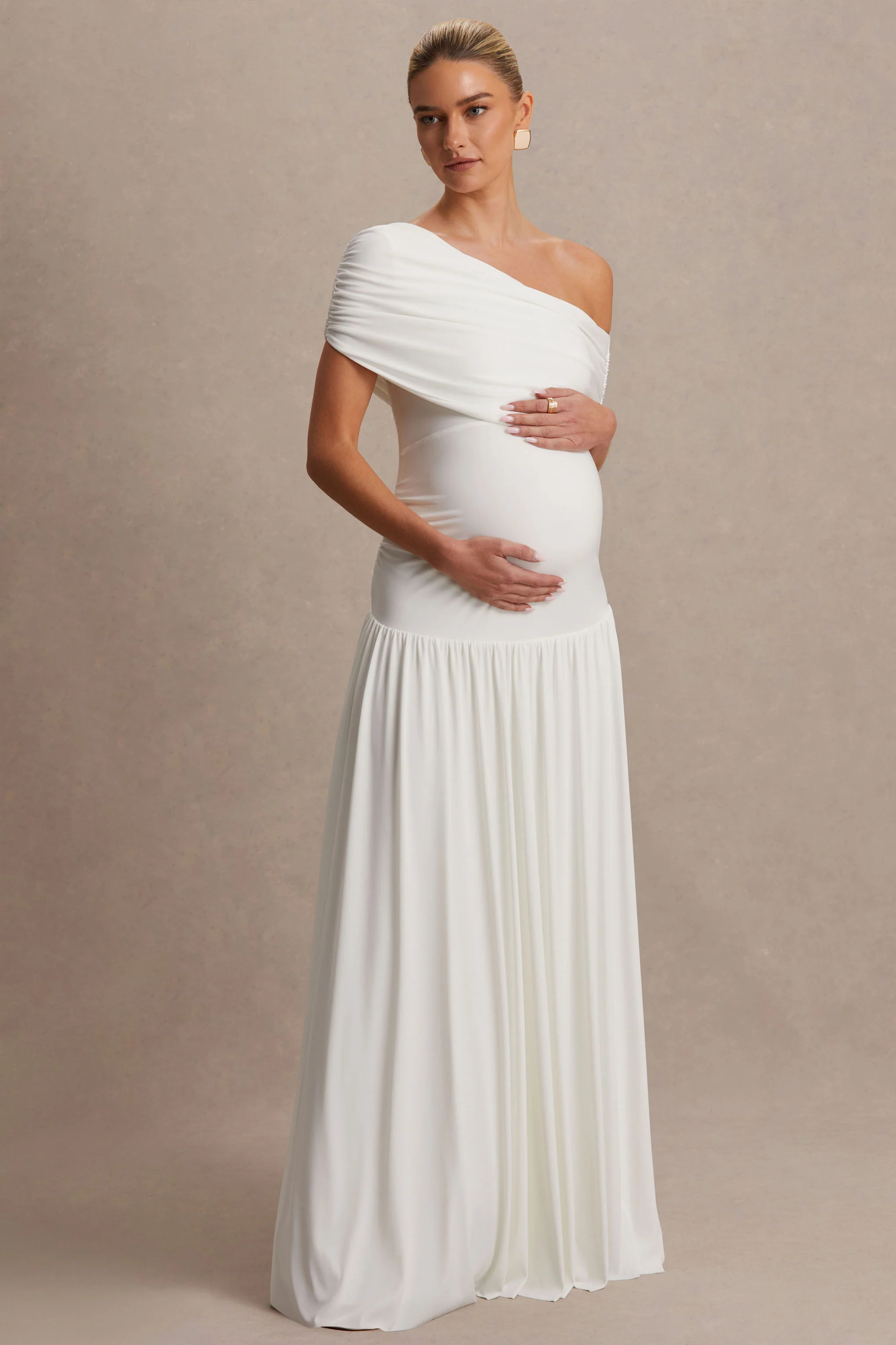 Noah | Witte Zwangerschaps Asymmetrische Hals Maxi Jurk Met VerlaagdeTaille