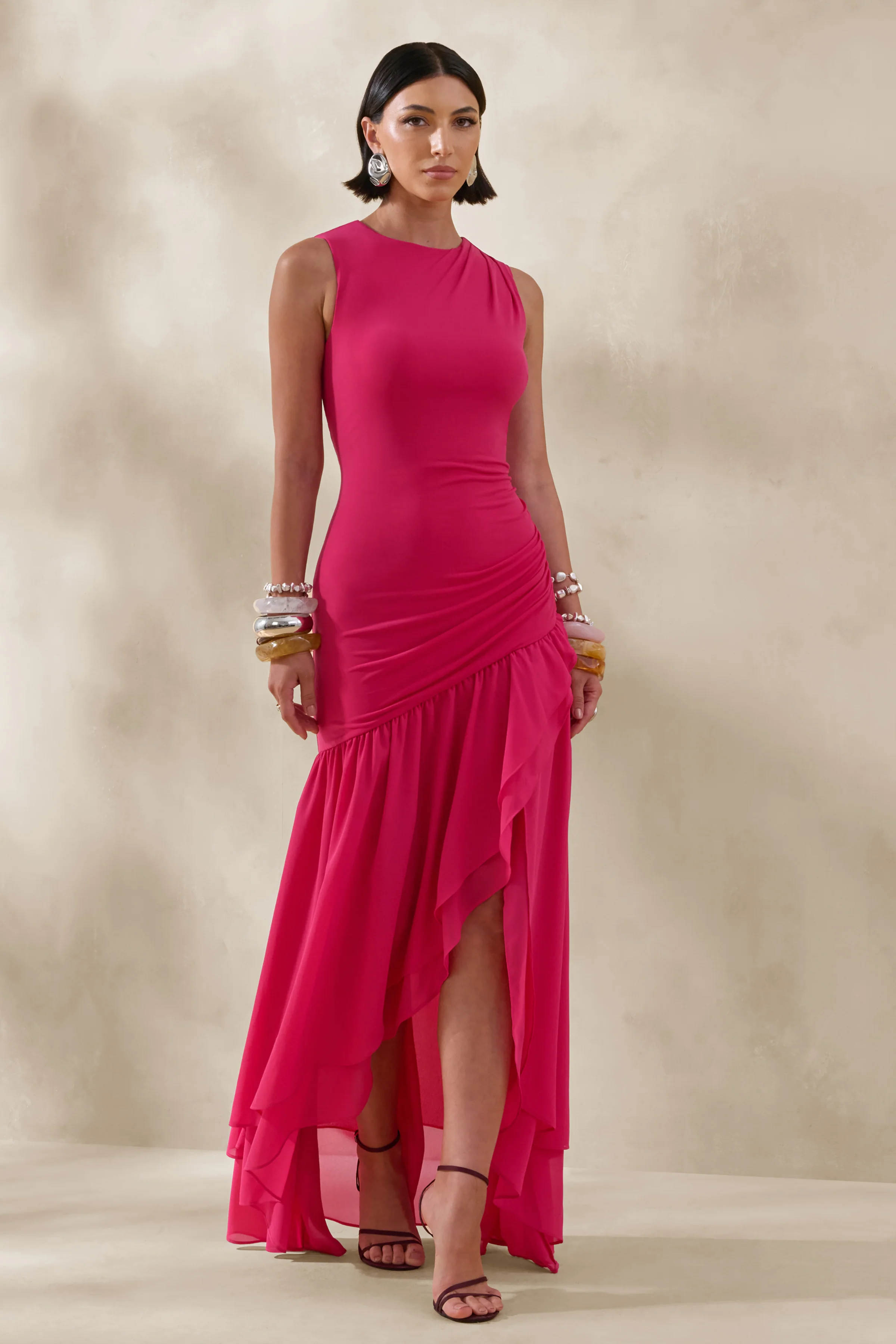 Noelia | Felroze Racernek Maxi Jurk Met Ruches Details - Image 5