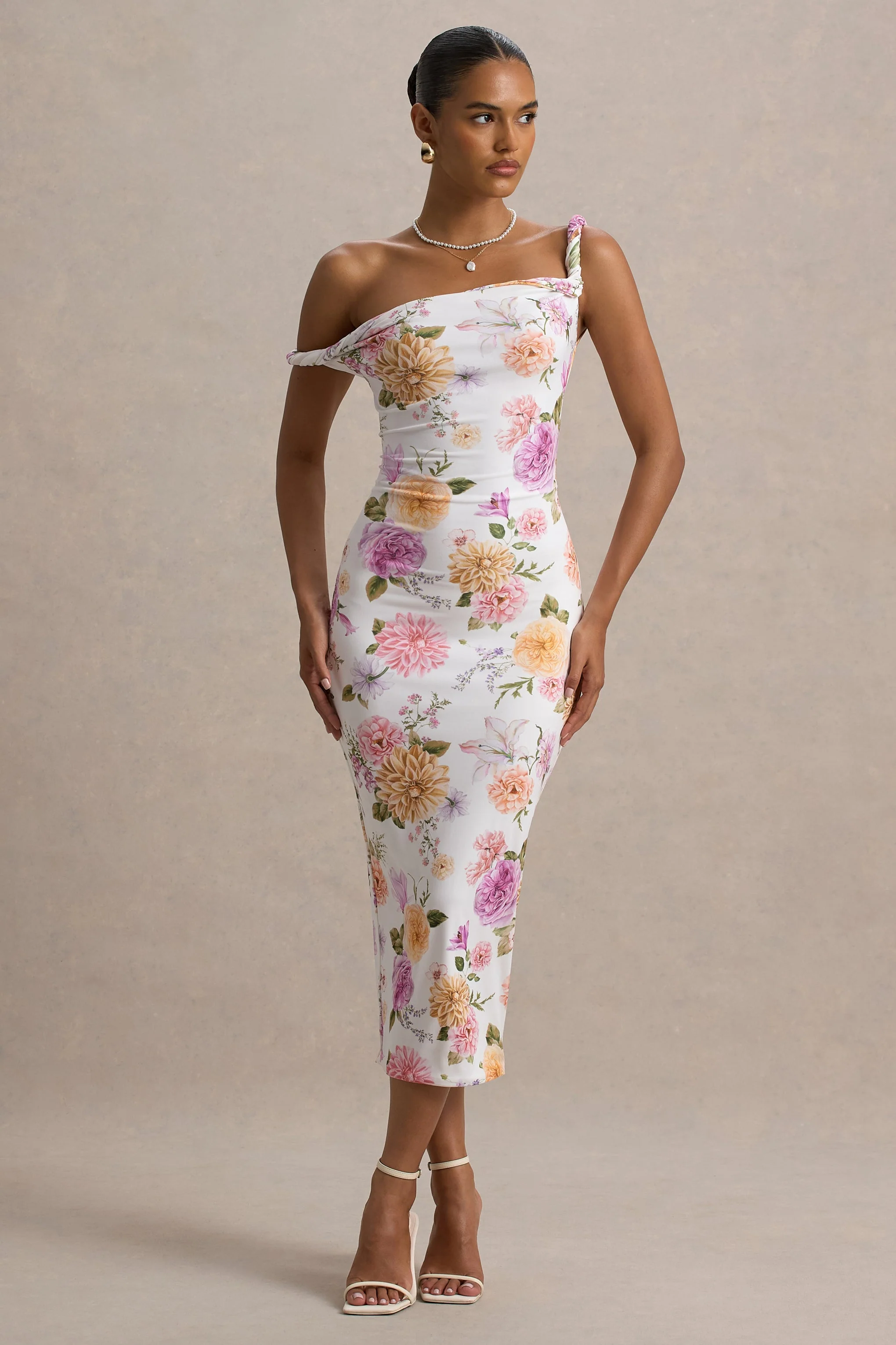 Nora | Perzik En Lila Bloemen Gedraaide Asymmetrische Midi Jurk