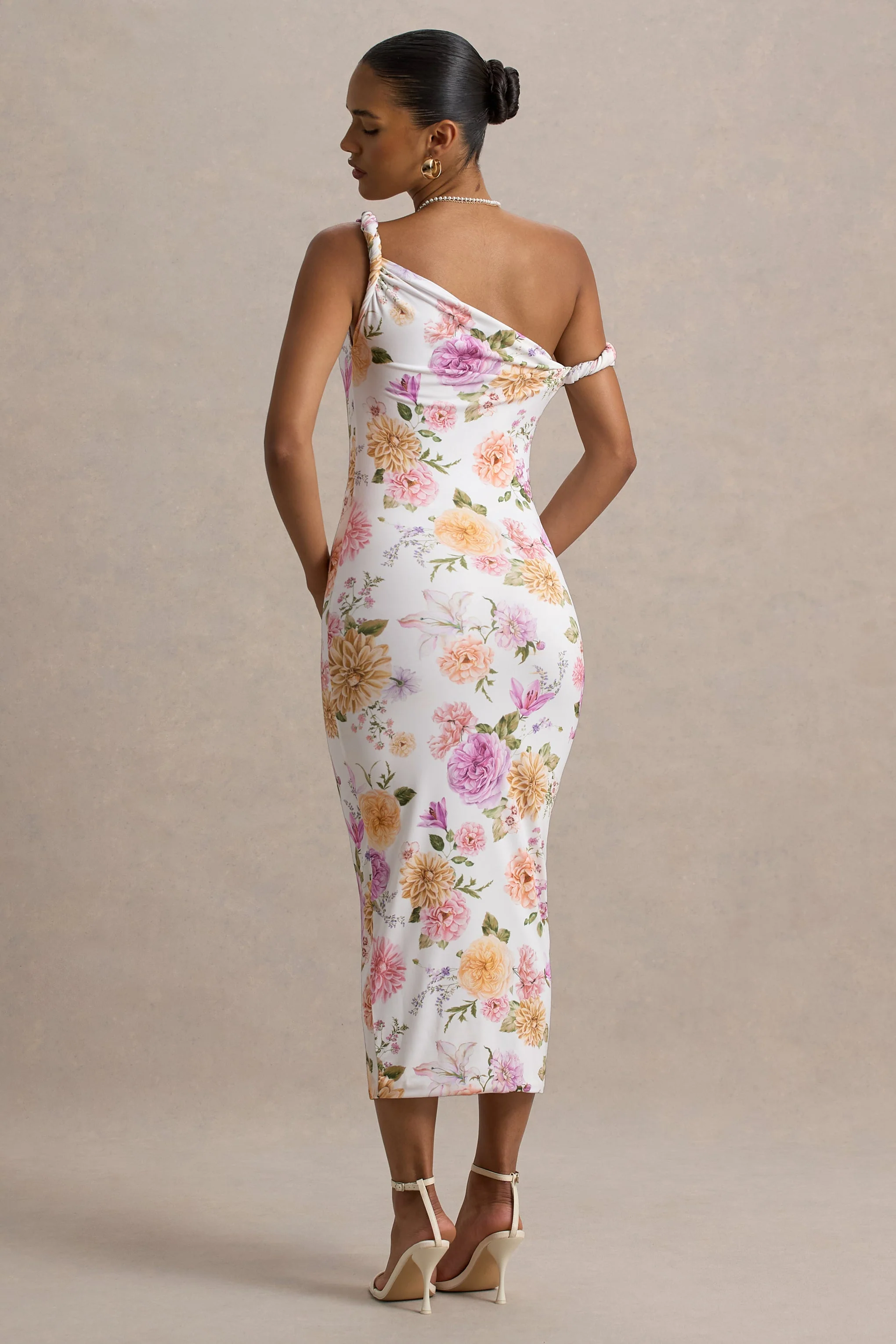 Nora | Perzik En Lila Bloemen Gedraaide Asymmetrische Midi Jurk - Image 2