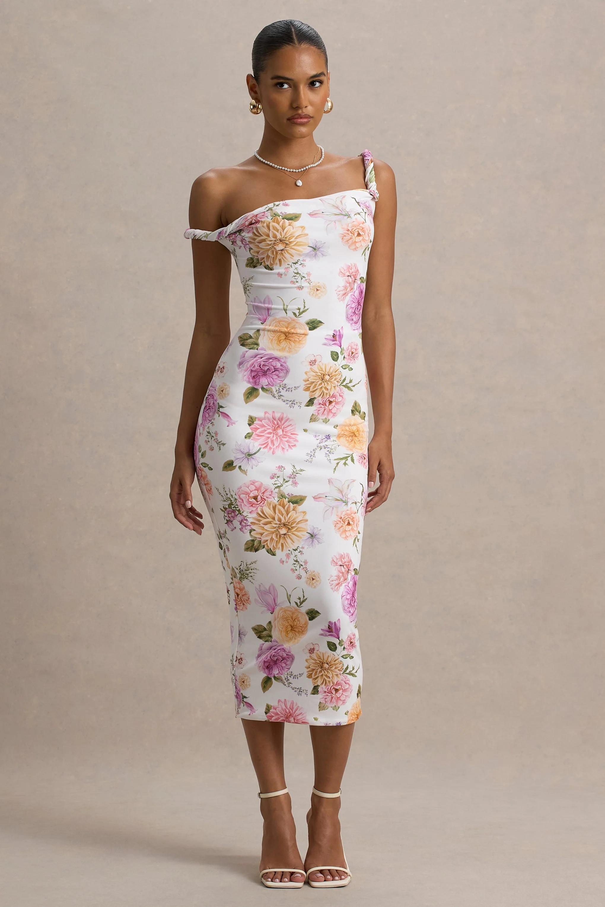 Nora | Perzik En Lila Bloemen Gedraaide Asymmetrische Midi Jurk - Image 4