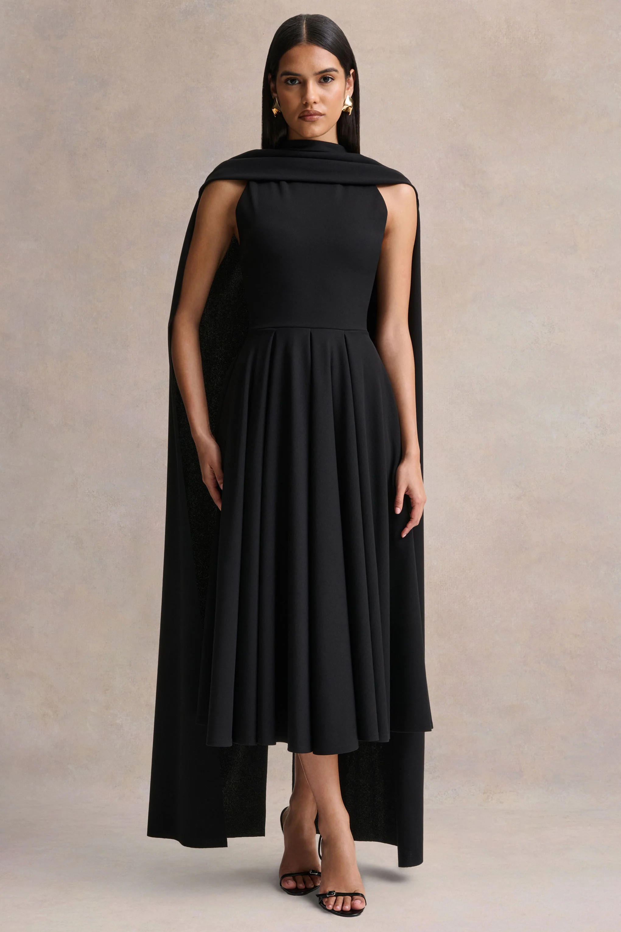 Nova | Zwarte Hoge Hals Midi Jurk Met Cape Mouwen