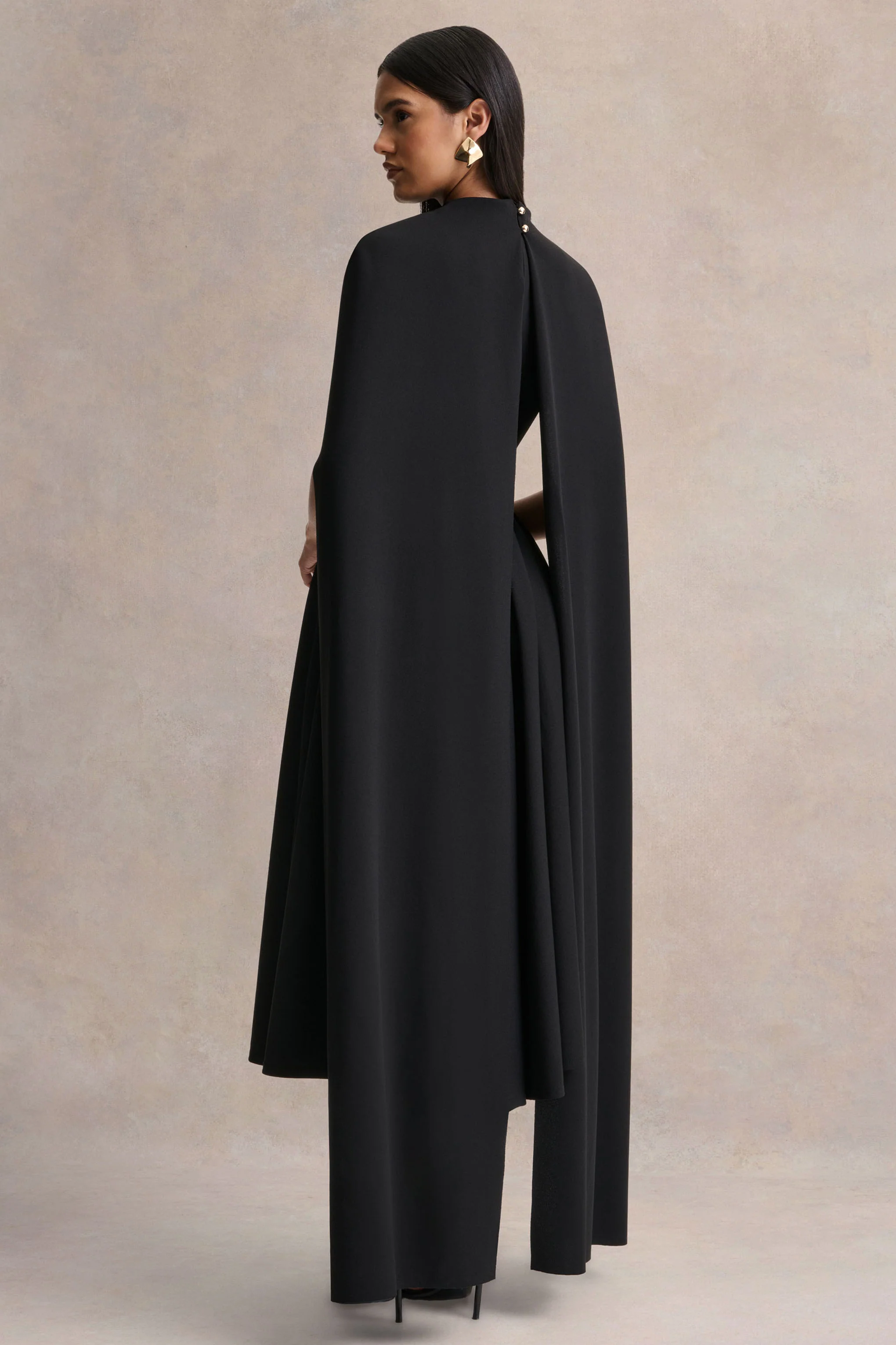 Nova | Zwarte Hoge Hals Midi Jurk Met Cape Mouwen - Image 2