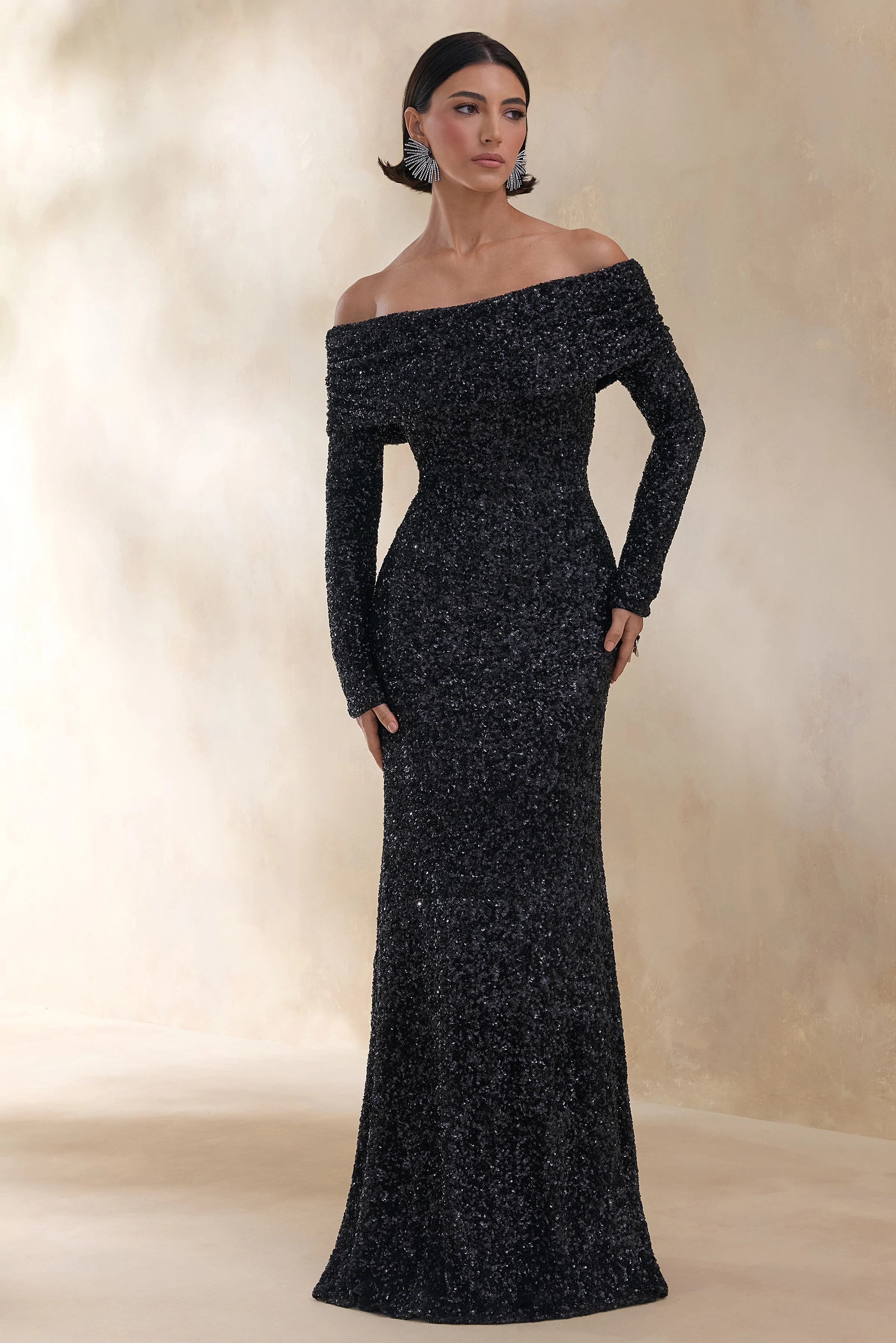 Obsession | Zwarte Pailletten Bardot Hals Maxi Jurk Met Lange Mouwen - Image 7
