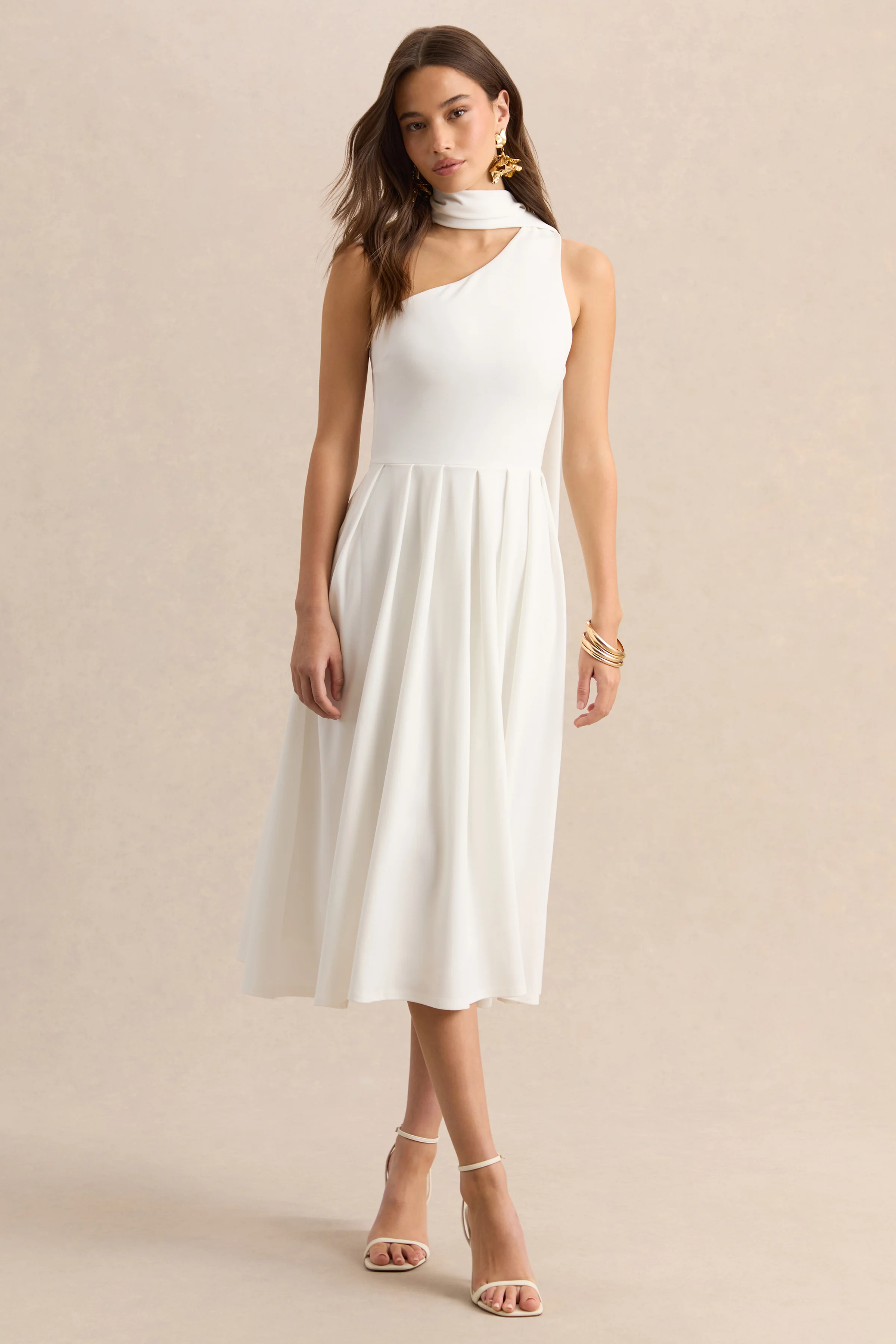 Odette | Witte Asymmetrische Hals Midi Jurk Met Sjaal