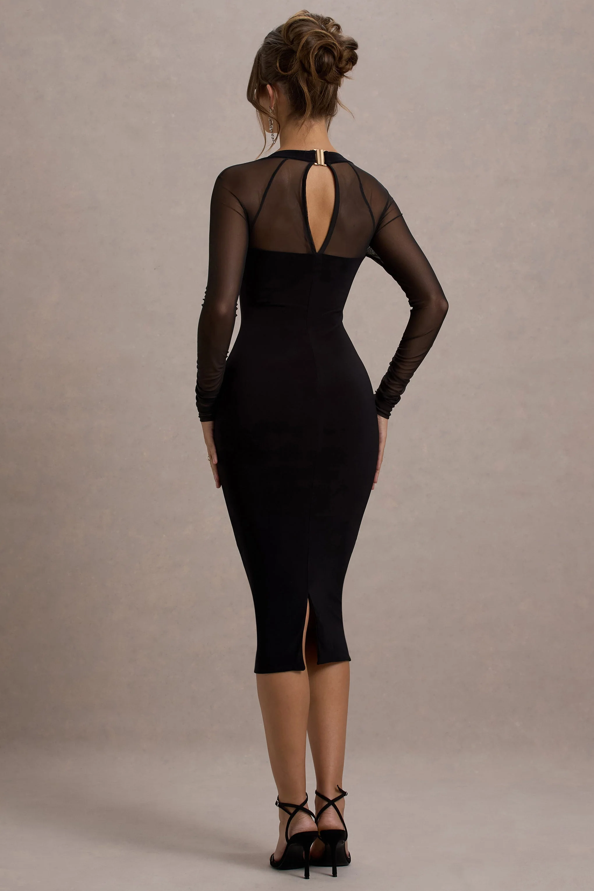 Off Track | Zwarte Bodycon Midi Jurk Met Doorschijnend Mouwen - Image 2