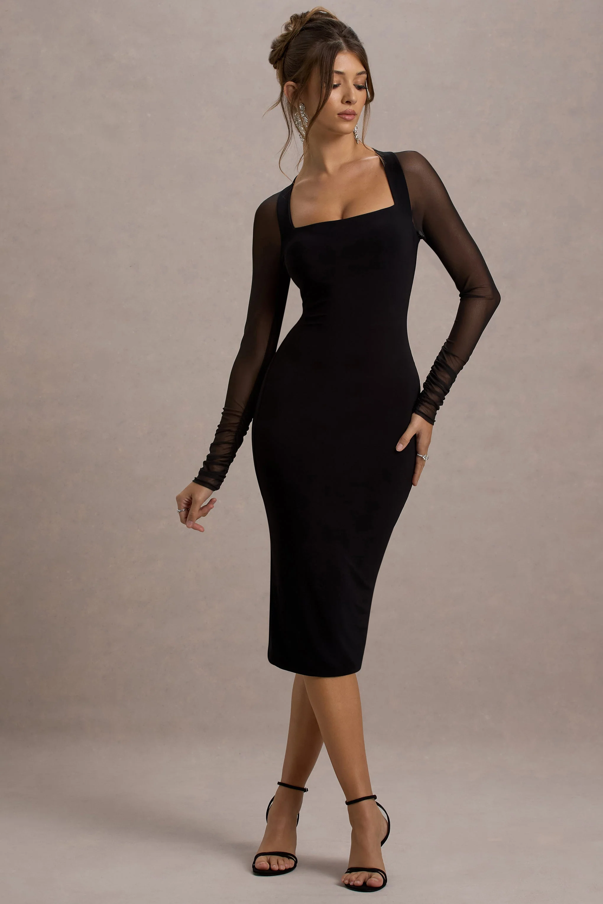 Off Track | Zwarte Bodycon Midi Jurk Met Doorschijnend Mouwen - Image 6