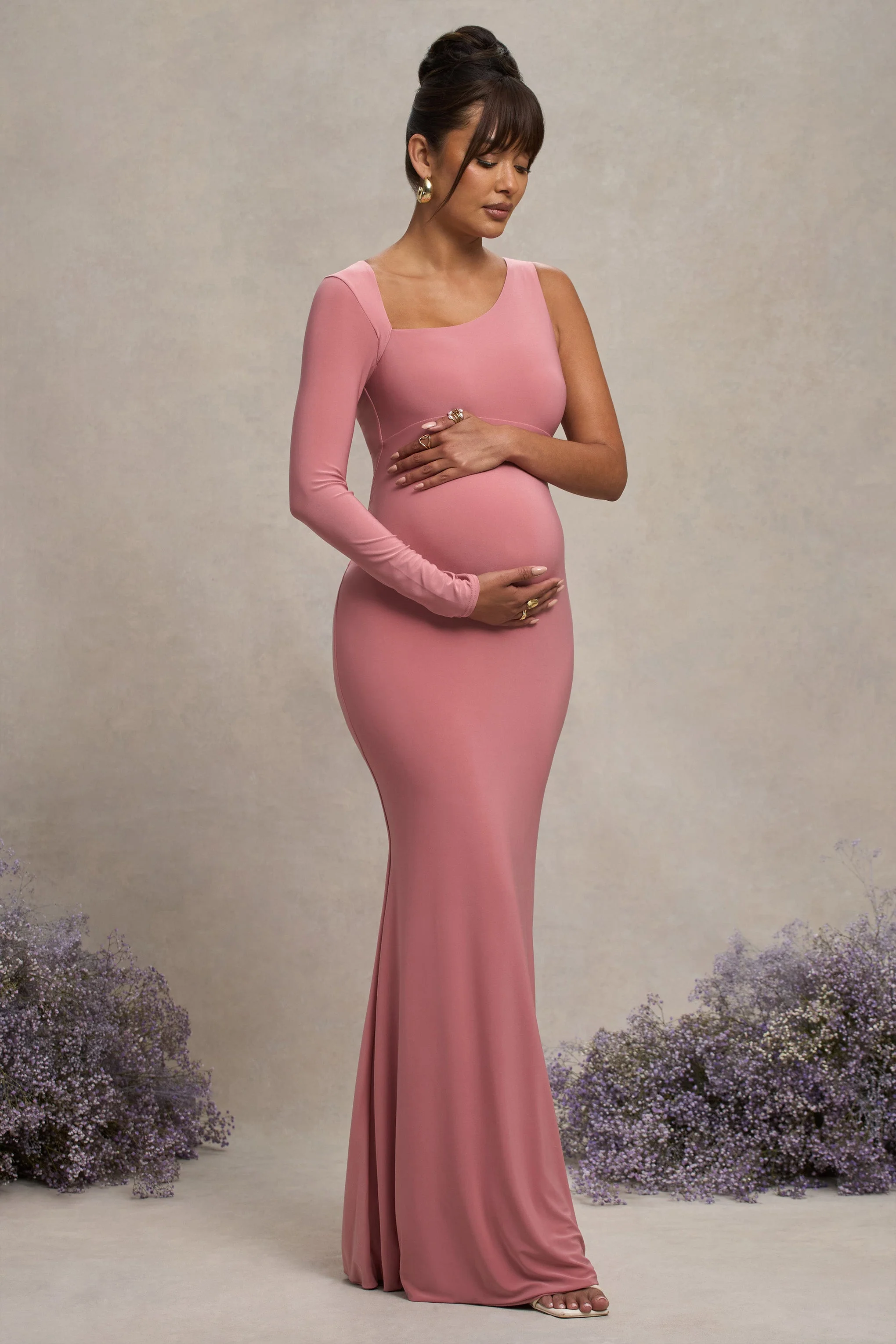 Oh Baby | Blosroze Zwangerschaps Bodycon Maxi Jurk Met Blote Schouder