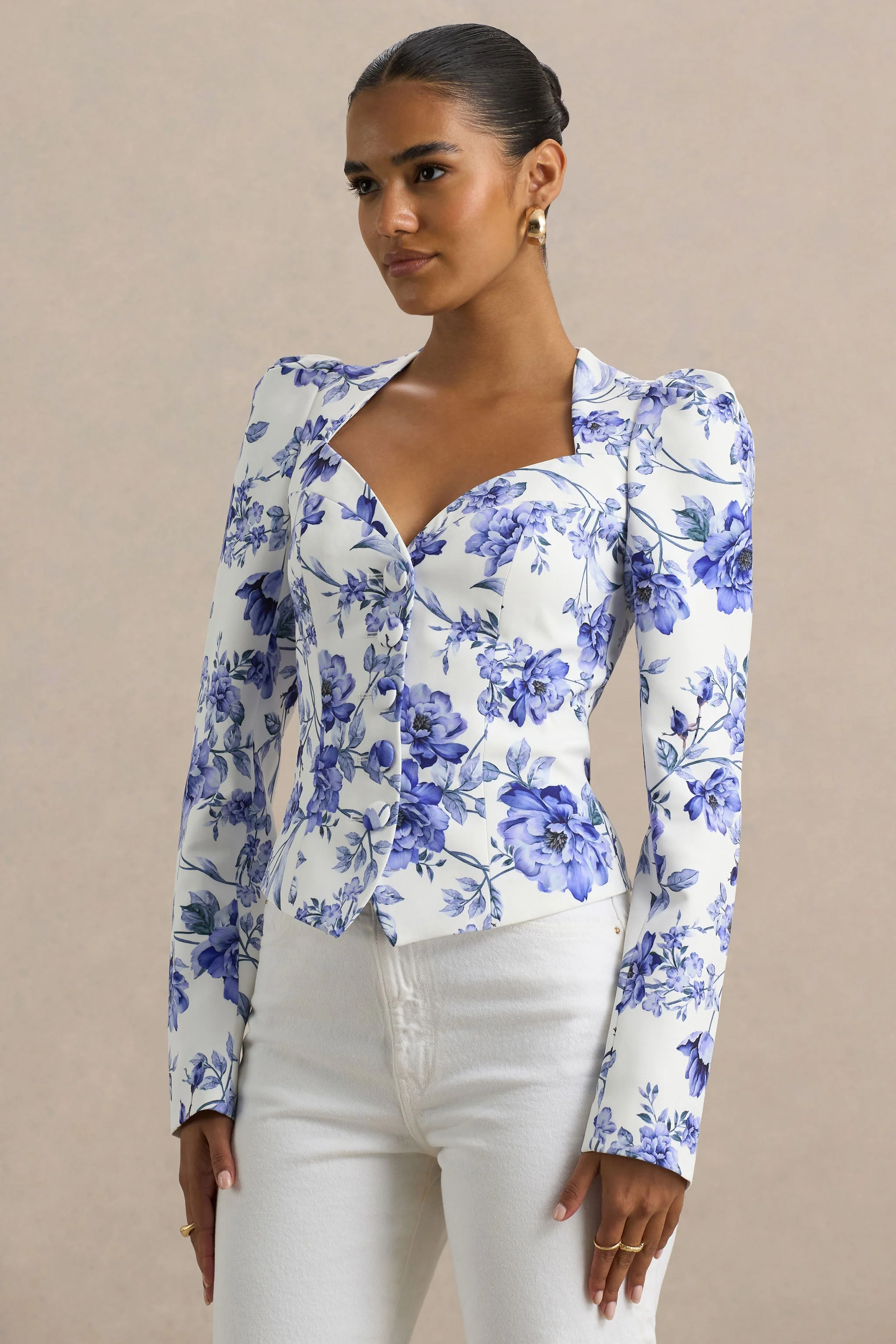 Olympia | Blauwe floralprint Getailleerde Top Met Sweetheart Halslijn