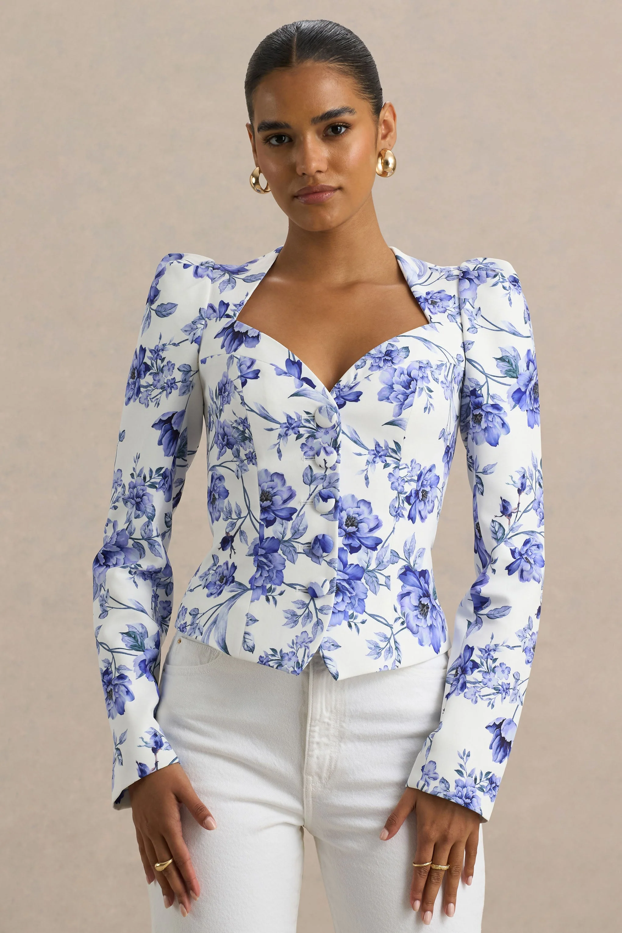 Olympia | Blauwe floralprint Getailleerde Top Met Sweetheart Halslijn - Image 2