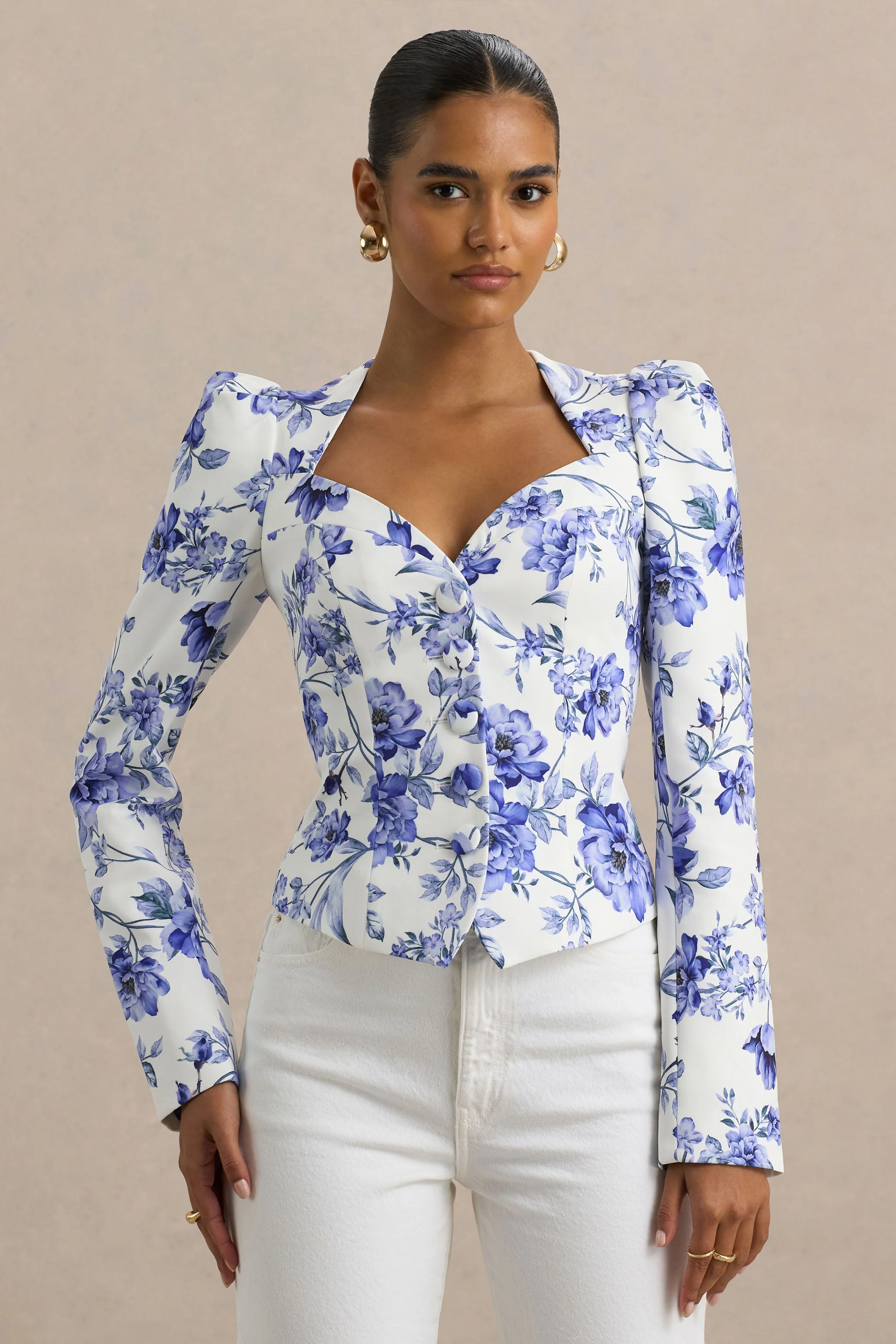Olympia | Blauwe floralprint Getailleerde Top Met Sweetheart Halslijn - Image 4