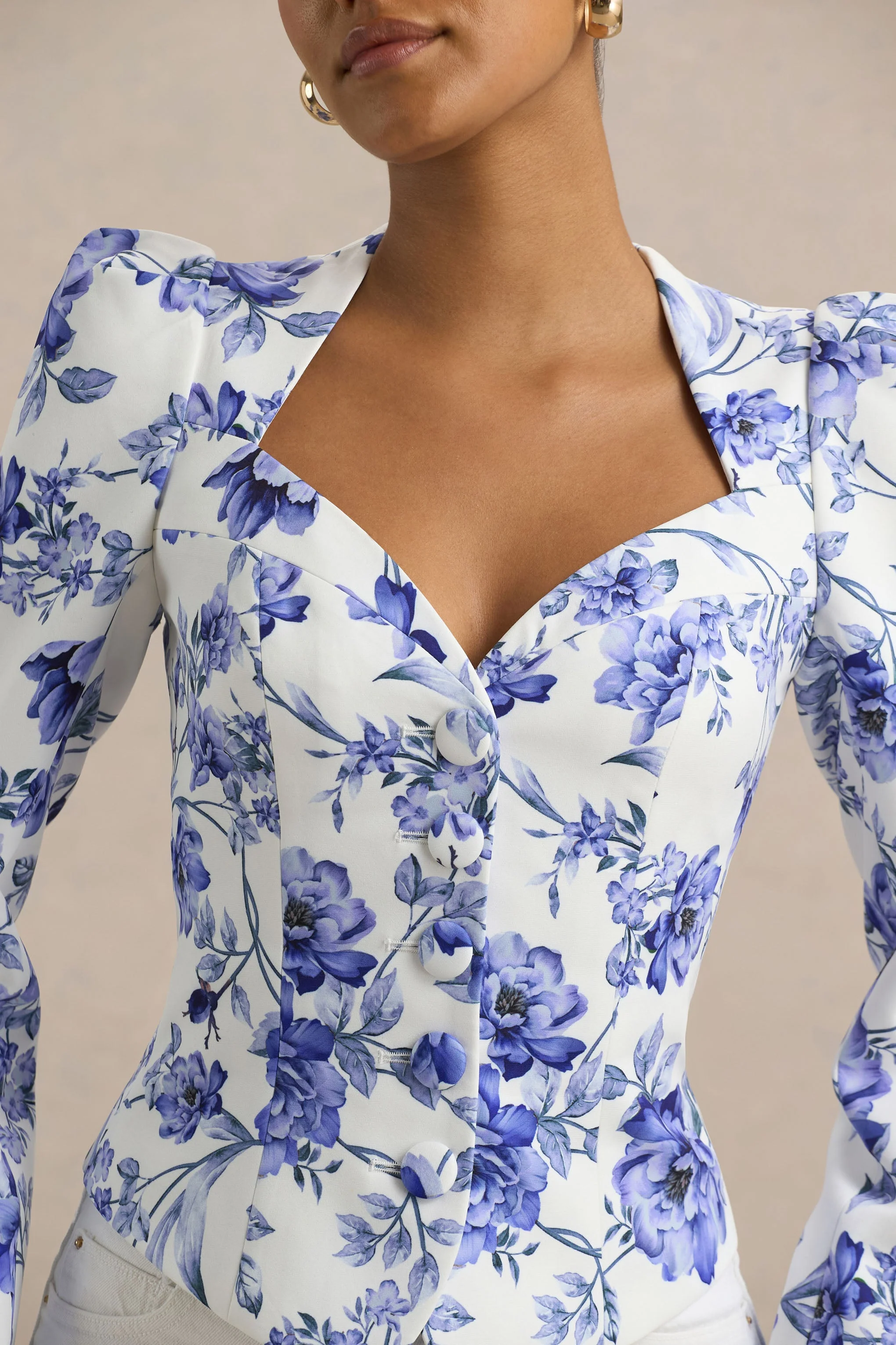 Olympia | Blauwe floralprint Getailleerde Top Met Sweetheart Halslijn - Image 5