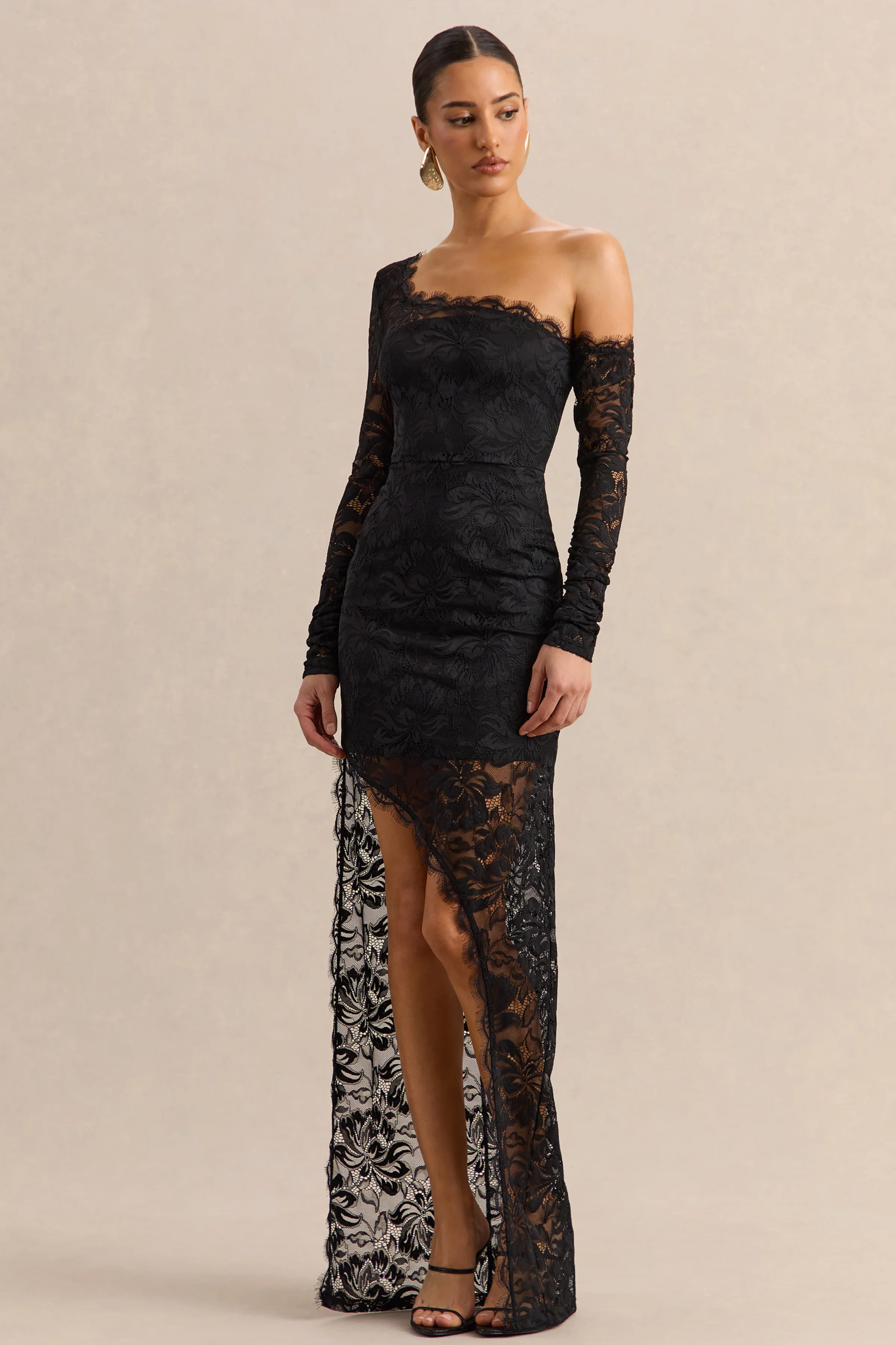 Orlania | Zwarte Kanten Maxi Jurk Met Asymmetrische Hals En Asymmetrische Zoom - Image 5