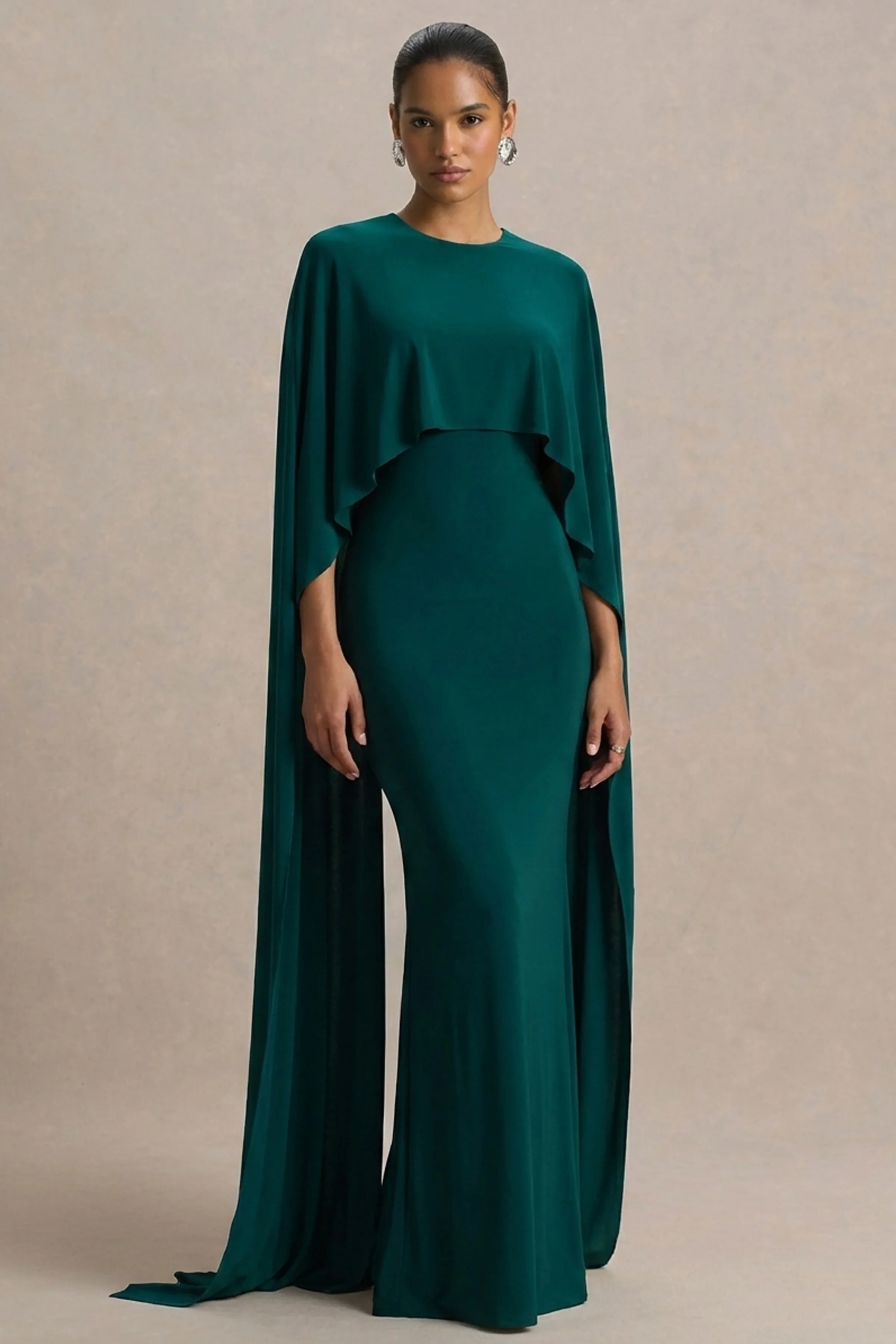 Padma | Flessengroene Draperend Maxi Jurk Met Cape Mouwen