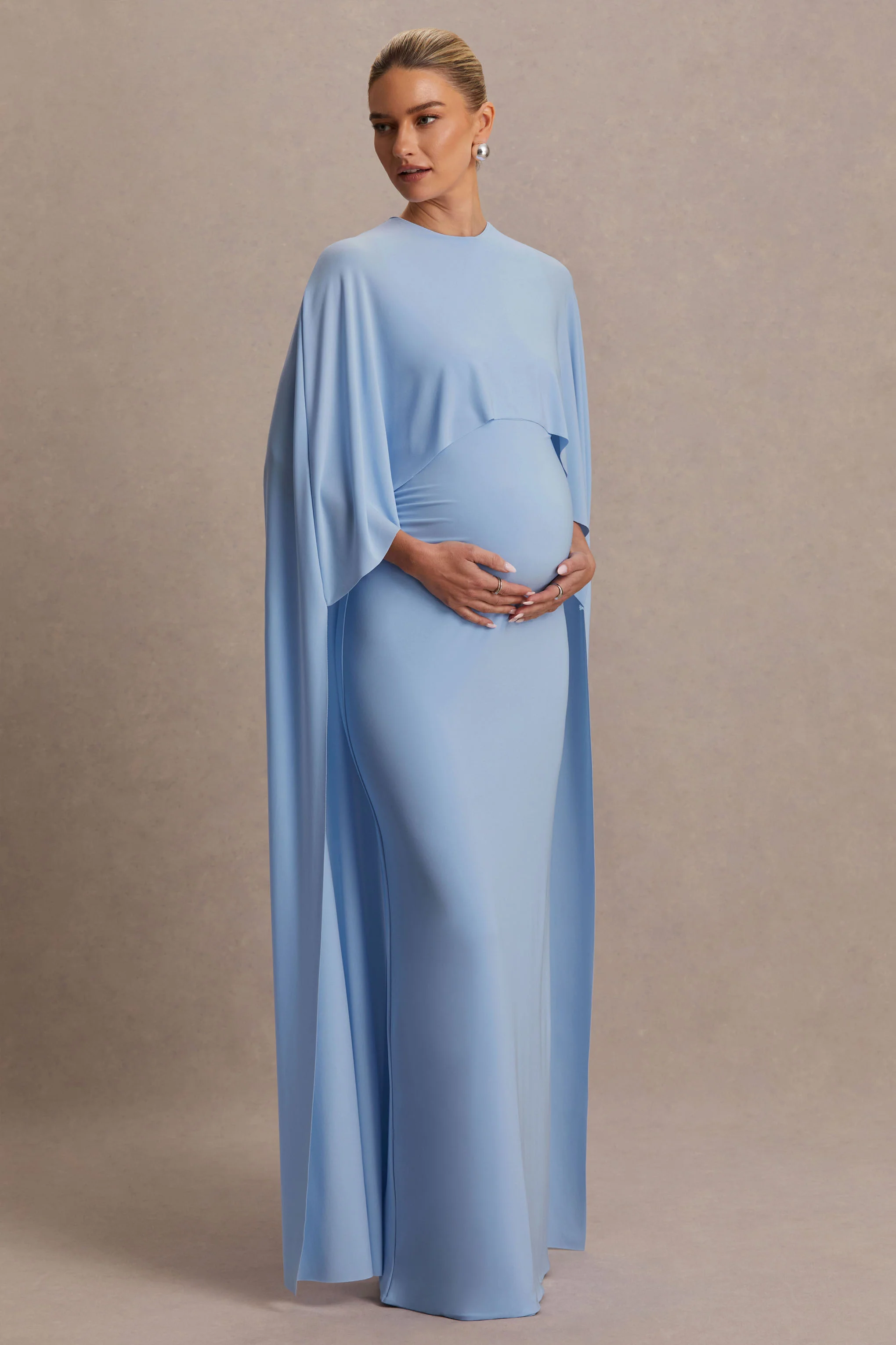 Padma | Poederblauwe Draperende Zwangerschaps Maxi Jurk Met Cape Mouwen