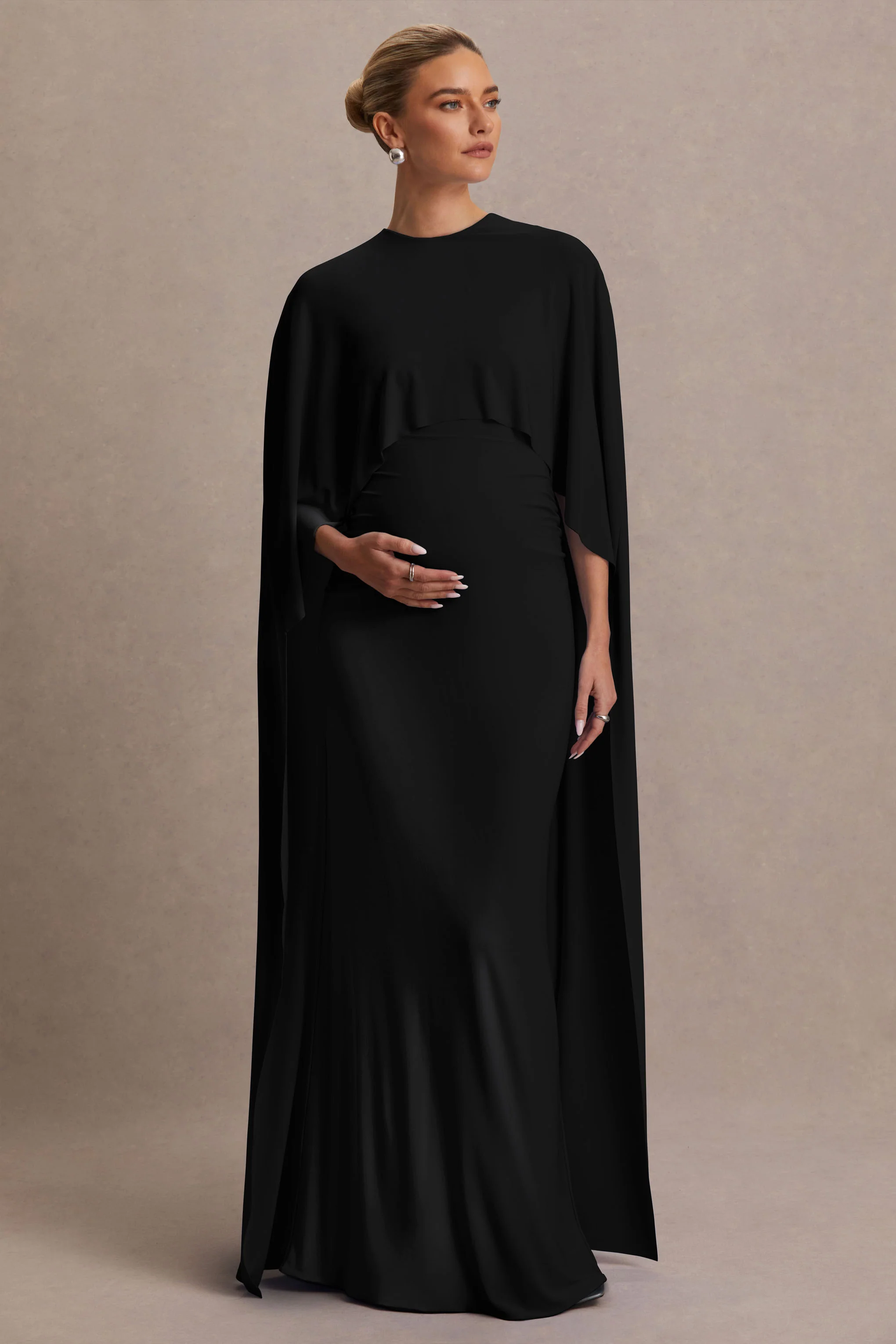 Padma | Zwarte Draperende Zwangerschaps Maxi Jurk Met Cape Mouwen