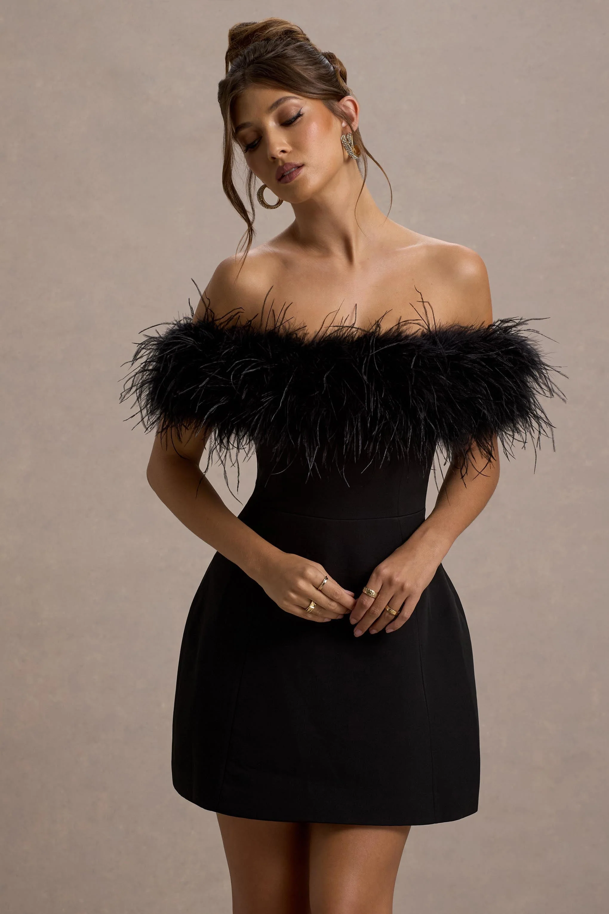 Palace | Zwarte Bardot Mini Jurk Met Veren Rand - Image 3