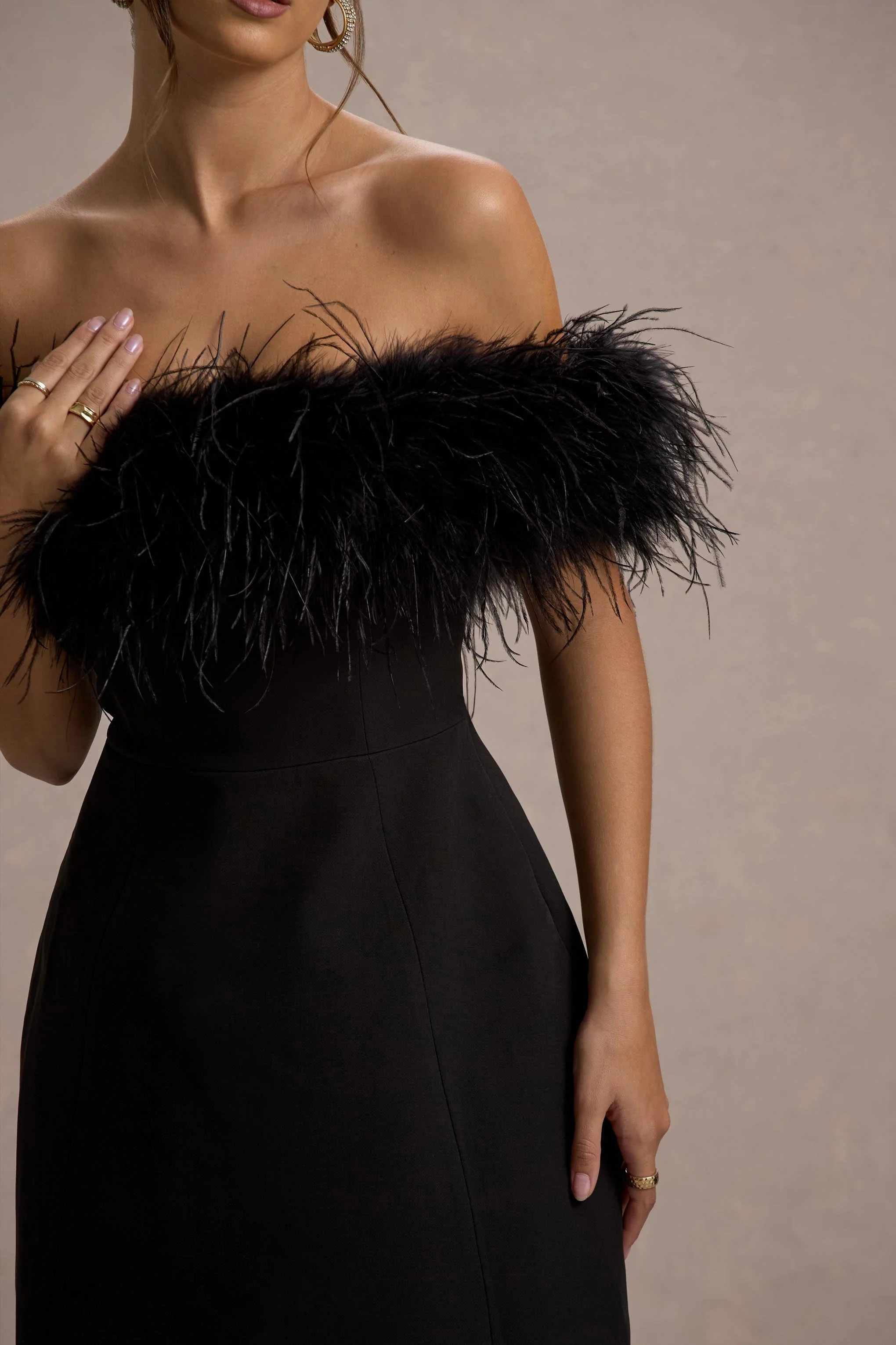 Palace | Zwarte Bardot Mini Jurk Met Veren Rand - Image 7